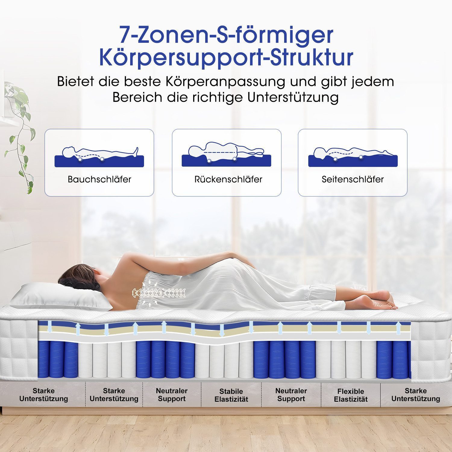 Taschenfederkernmatratze Matratze, 7-Zonen Federkernmatratze Matratzen, Hiazurm, 22 cm hoch, (mit Spannbettlaken,EU-Qualitätszertifizierung, Atmungsaktiv, Orthopädisch), Matratze 90x200 cm oder 160x200 cm, für Kinder und Erwachsen