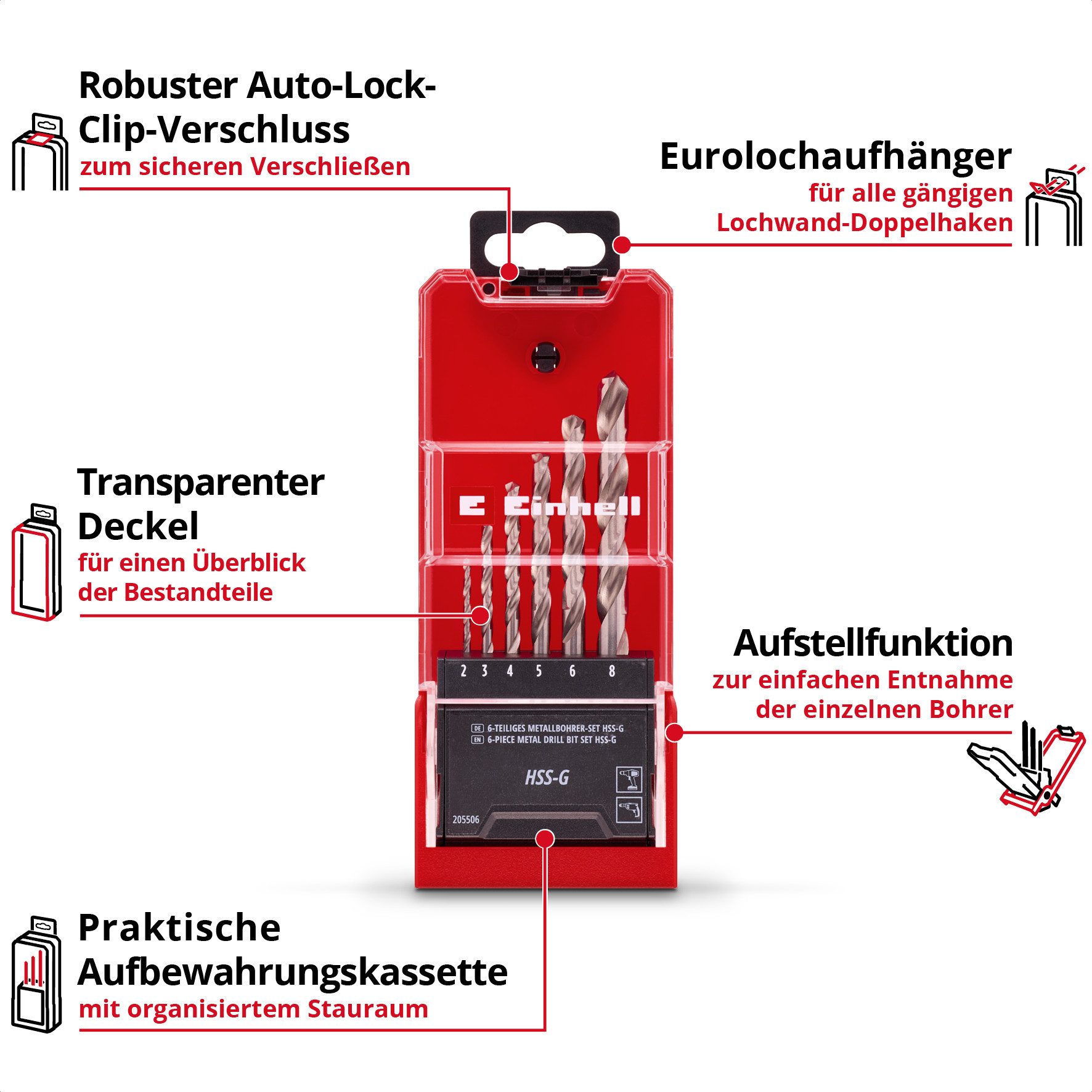 Einhell Bohrer- und Bit-Set Original Einhell 6-tlg. HSS-G Metallbohrer-Set (HSS 4241 Stahl, hochgl, (6x HSS-G Metallbohrer (2 / 3 / 4 / 5 / 6 / 8 mm), 1x Aufbewahrungskassette (15,0 x 6,2 x 2,6 cm), 6-tlg), Original Einhell 6-tlg. HSS-G Metallbohrer-Set (HSS 4241 Stahl, hochgl