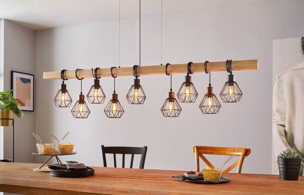 EGLO Hängeleuchte TOWNSHEND 5, Hängelampe, Stahl und Holz, E27, IP20, Pendellampe, Lampe, ohne Leuchtmittel, Pendelleuchte, L15 x B20 x 110 cm, schwarz, braun, 9x60W exkl.