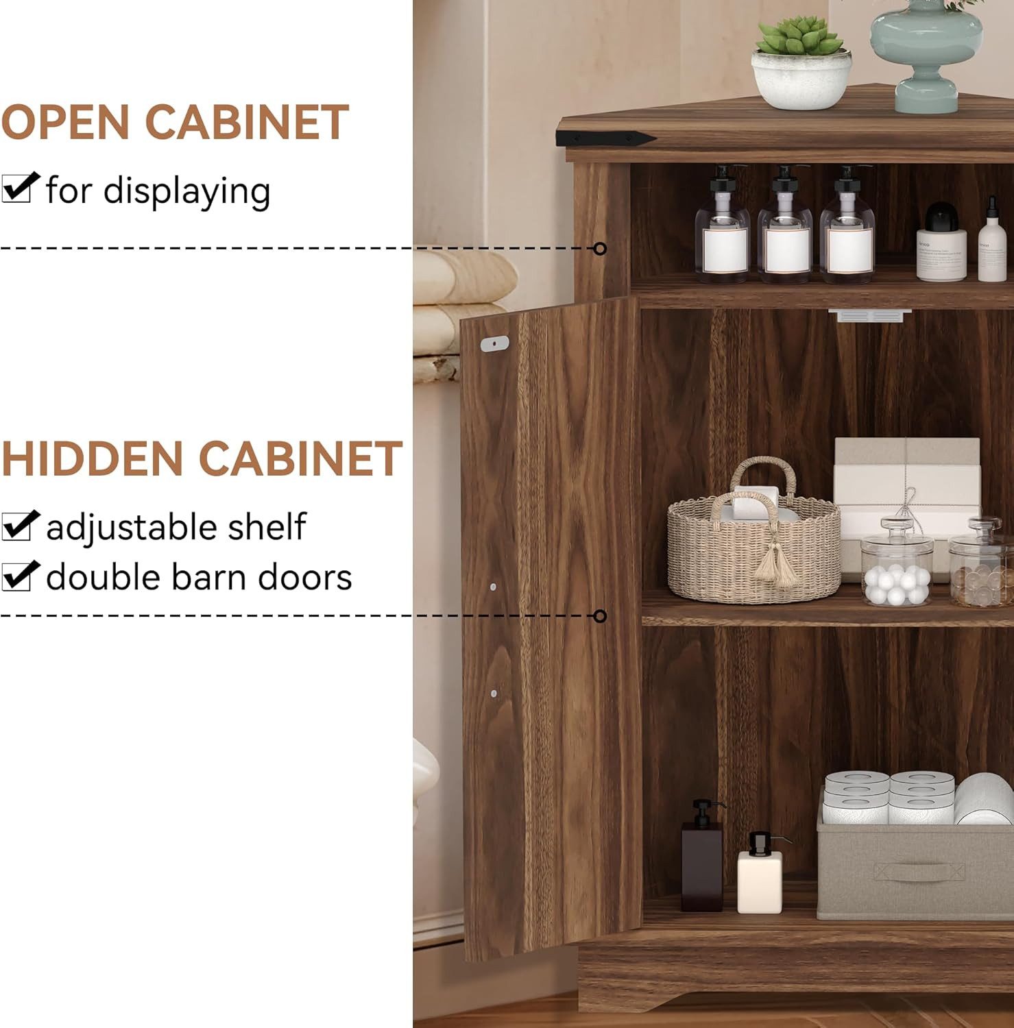 GarveeMore Eckschrank mit Scheunentüren und verstellbarem Regal,Eck-Badezimmerschrank Bauernhaus-Badezimmertisch mit Stauraum für kleine Räume,Küche