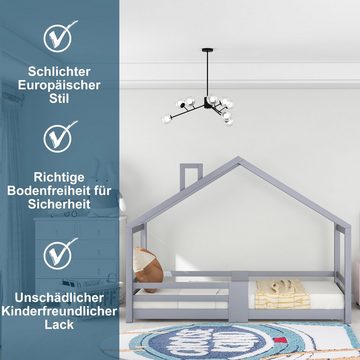 Odikalo Kinderbett Hausbett m. Schornstein Rausfallschutz Lattenroste, Kiefer 90x200,Grau