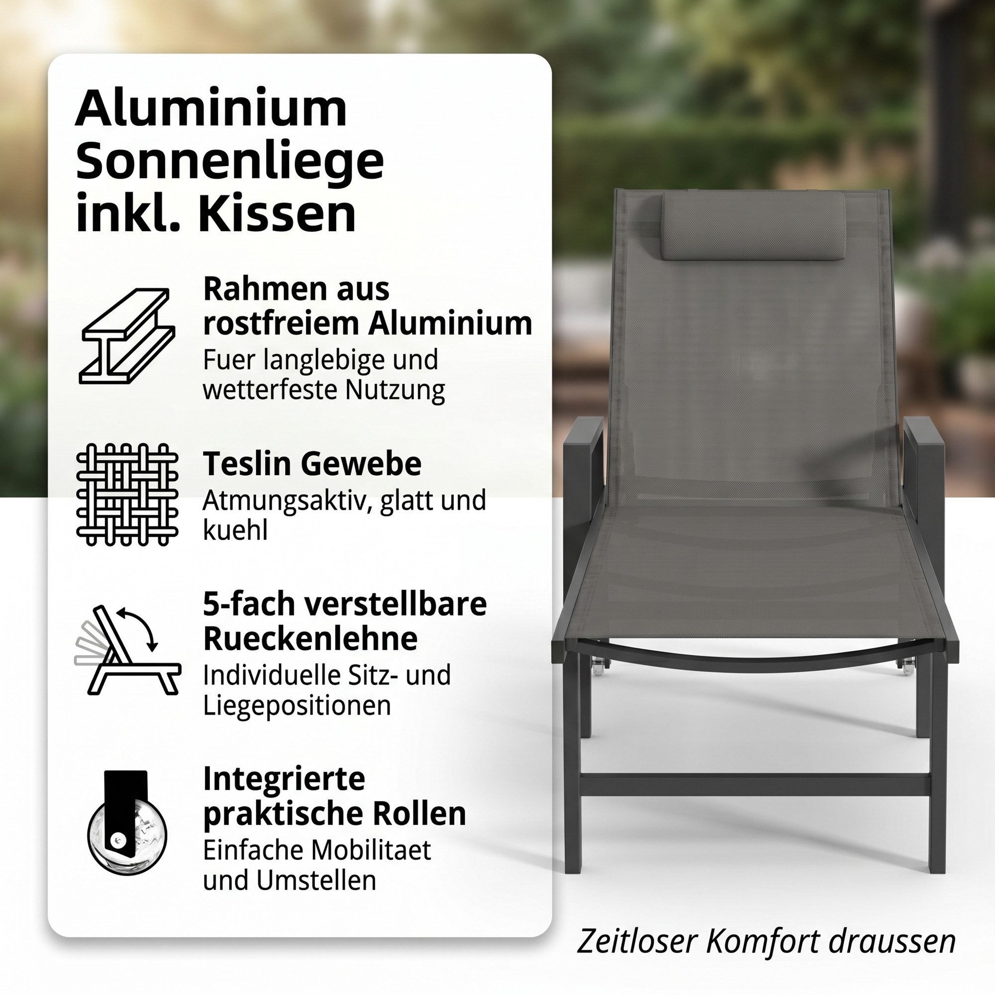 Mucola Gartenliege Sonnenliege Aluminium Liegestuhl Terrassenliege Relaxliege, Stück, 1 St., 1-tlg., 5-fach verstellbare Rückenlehne