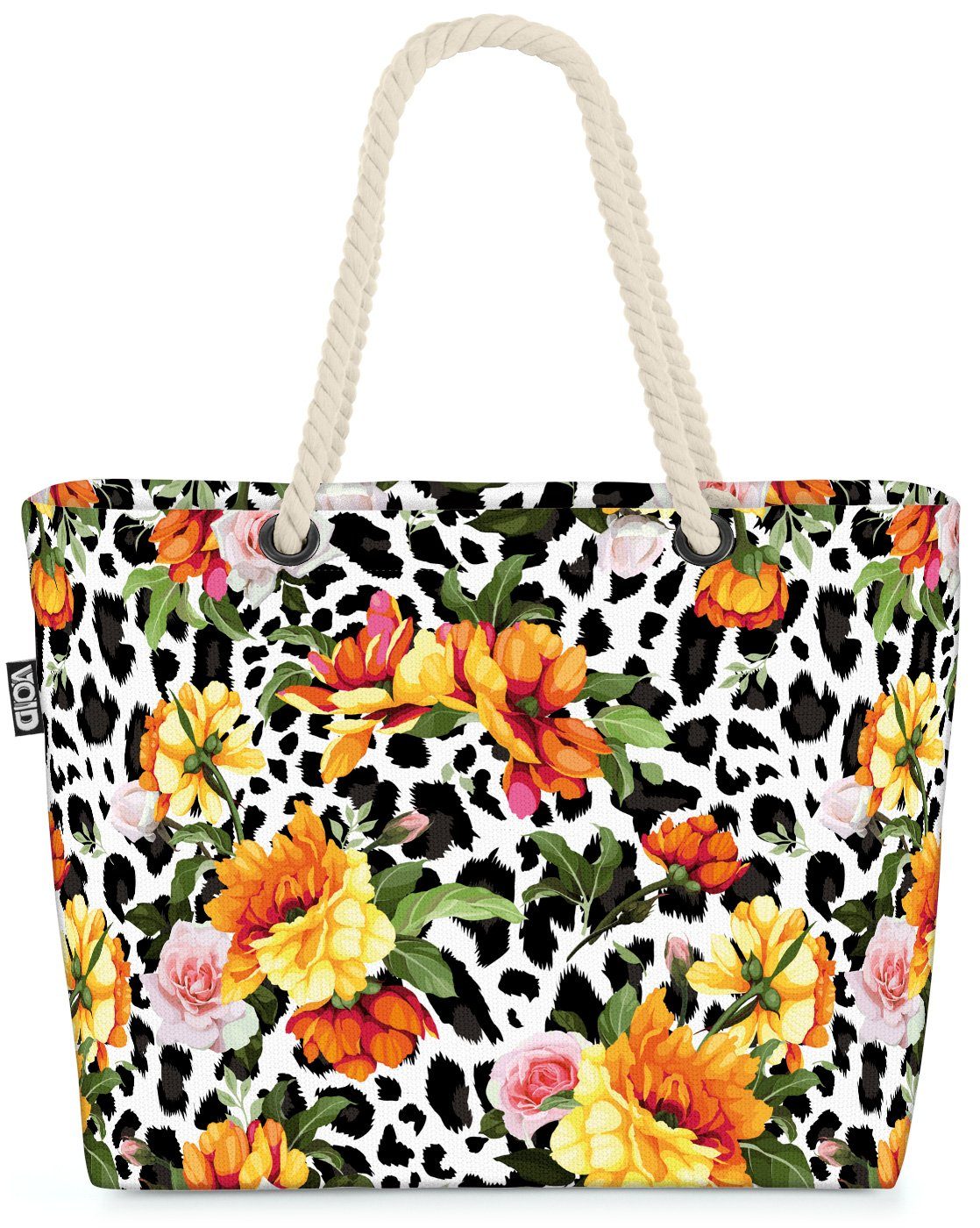 VOID Strandtasche (1-tlg), Gelbe Beach Leo-Print Leopard Bag Leopardenmuster Blumen-Muster Pfingstrosen