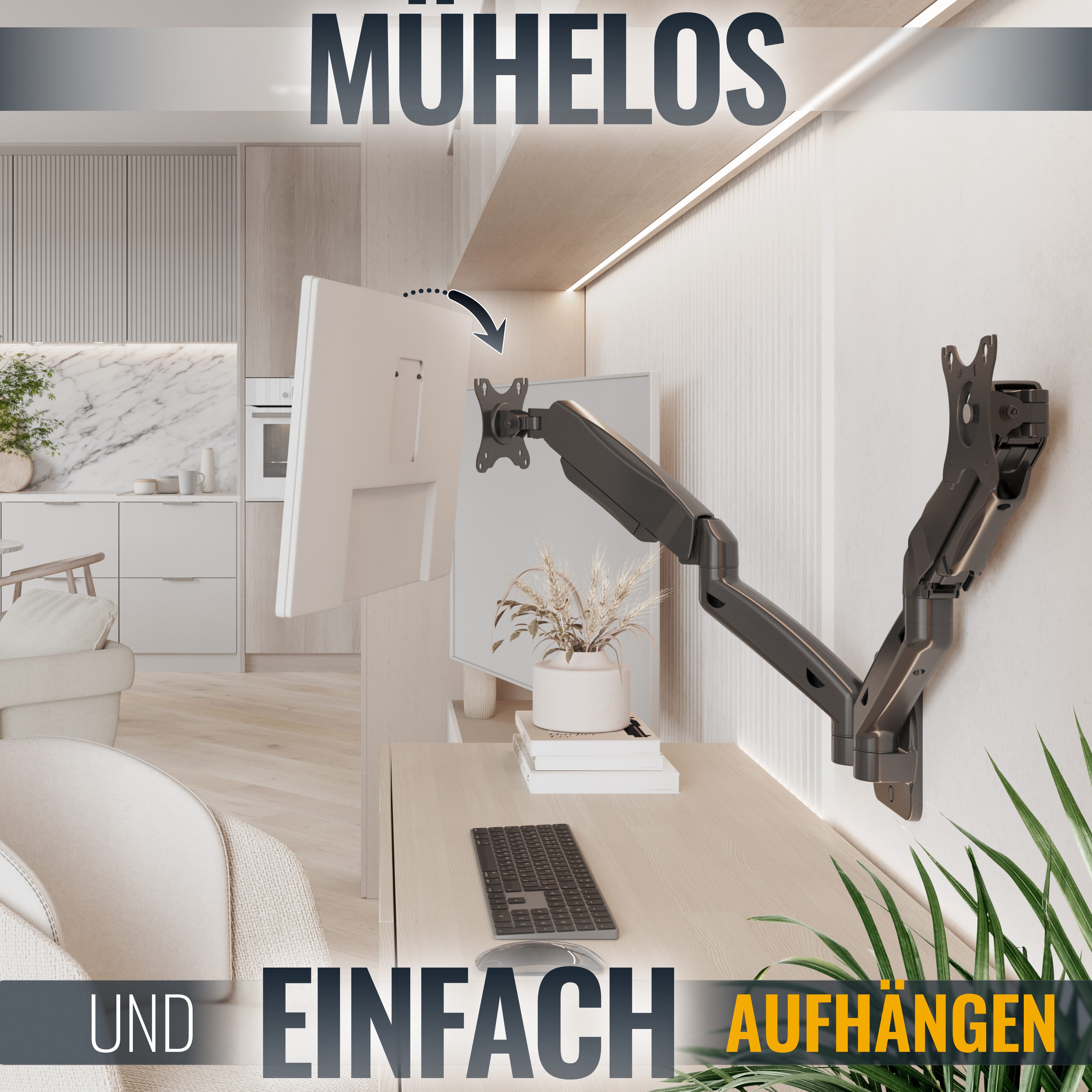 RICOO TV-Wandhalterung Monitor Wandhalterung mit Gasfeder für 2 Bildschirme S4711, (bis 32 Zoll, VESA 75x75 und 100x100, 1-tlg., drehbar neigbar schwenkbar 17" bis 32" Höhenverstellung per Gasfeder, bis 135° Neigung, bis 180° Schwenkung, 360° Drehung Monitor Halter)