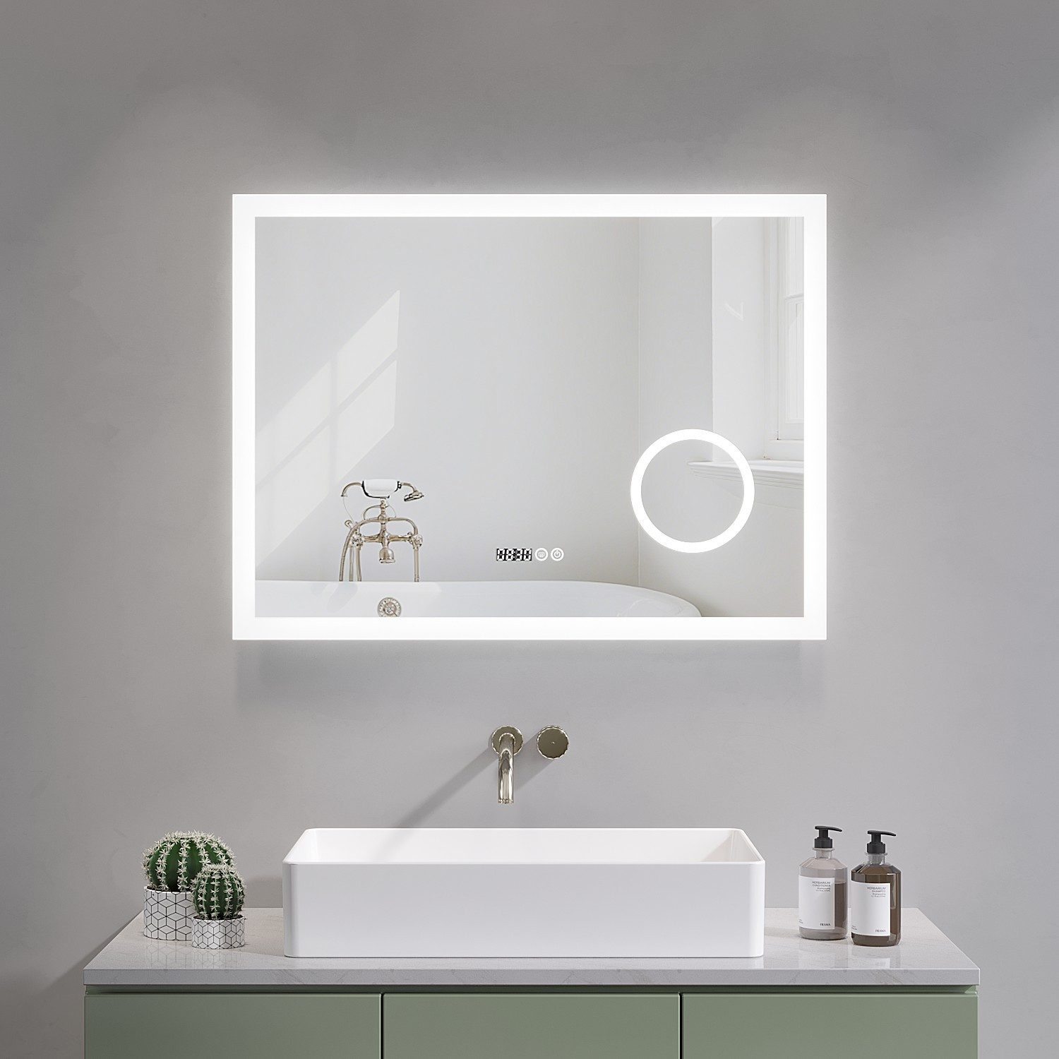 AQUABATOS Badspiegel Led Spiegel mit Beleuchtung Badspiegel Badzimmerspiegel Wandspiegel, Digital Uhr Kosmetikspiegel Beschlagfrei Kaltweiß Rechteckige Ecken