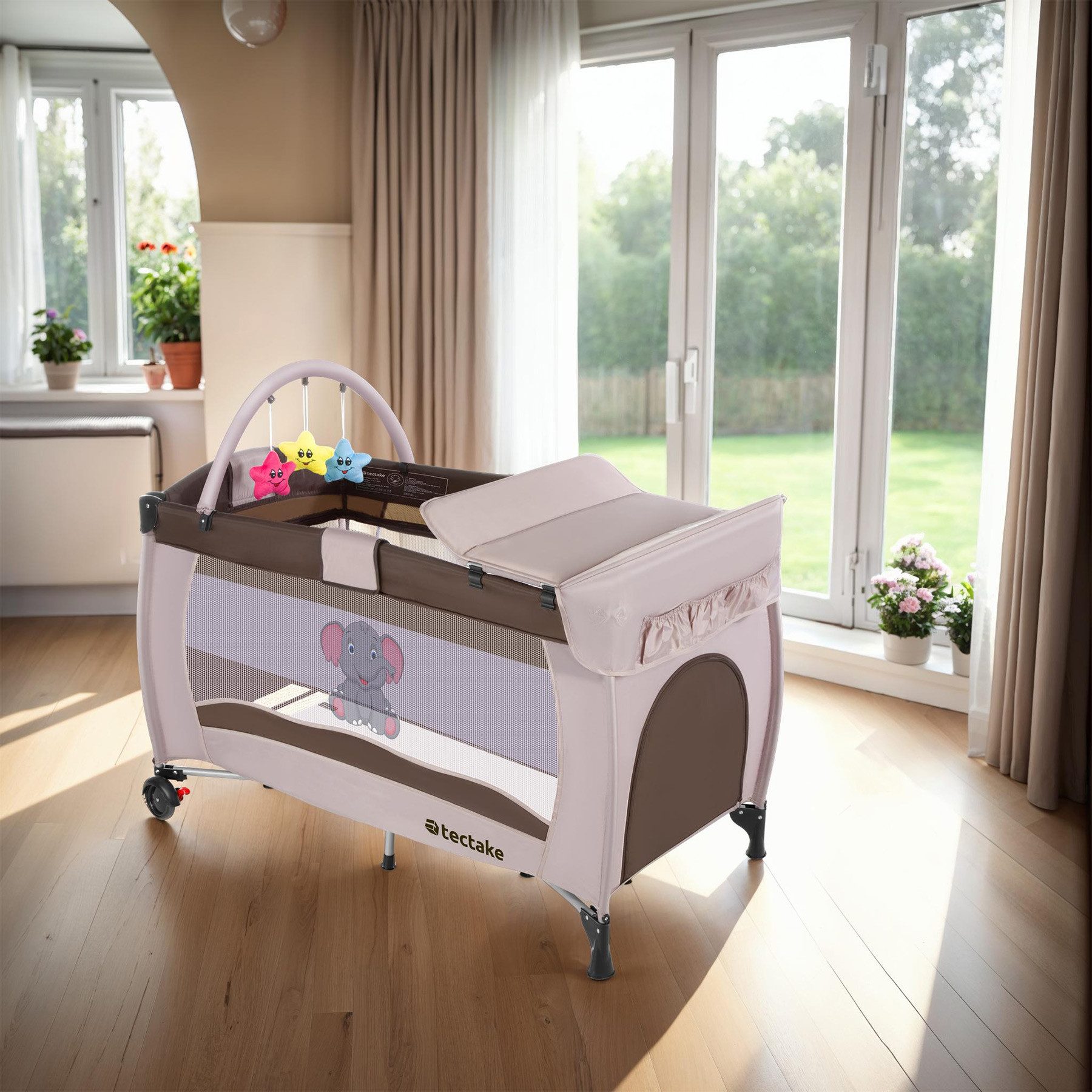 tectake Baby-Reisebett Kinderreisebett, Tragetasche, 132 x 75 x 104 cm, 2 Rollen mit, Klapp- & höhenverstellbar, mit großen Mesh-Einsätzen, bis 36 Monate
