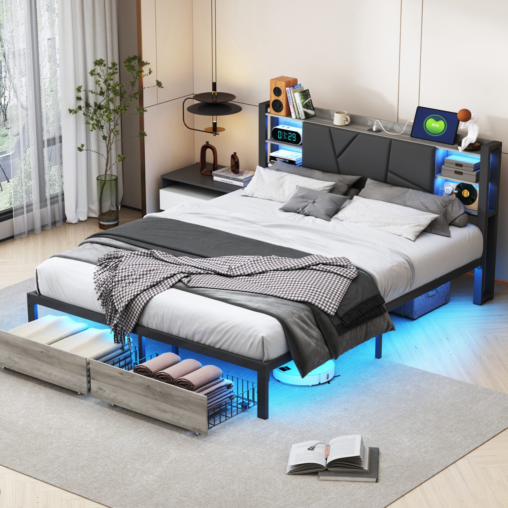 zebery Polsterbett LED Stauraumbett Doppelbett mit Ladefunktion (Kopfteil mit Stauraum,USB-Anschlüsse,Metallrahmen), Jugendbett 140x200cm mit 2 Schubladen