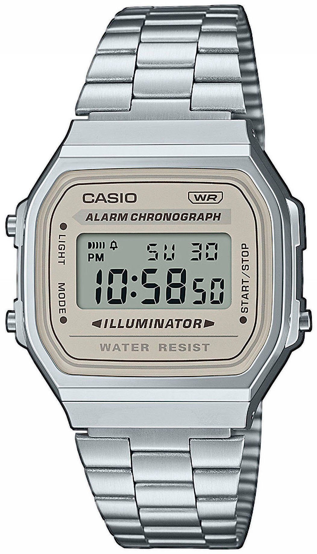 CASIO VINTAGE Chronograph A168WA-1YES, Quarzuhr, Armbanduhr,Damenuhr, Herrenuhr, Digitaluhr, Edelstahlarmband