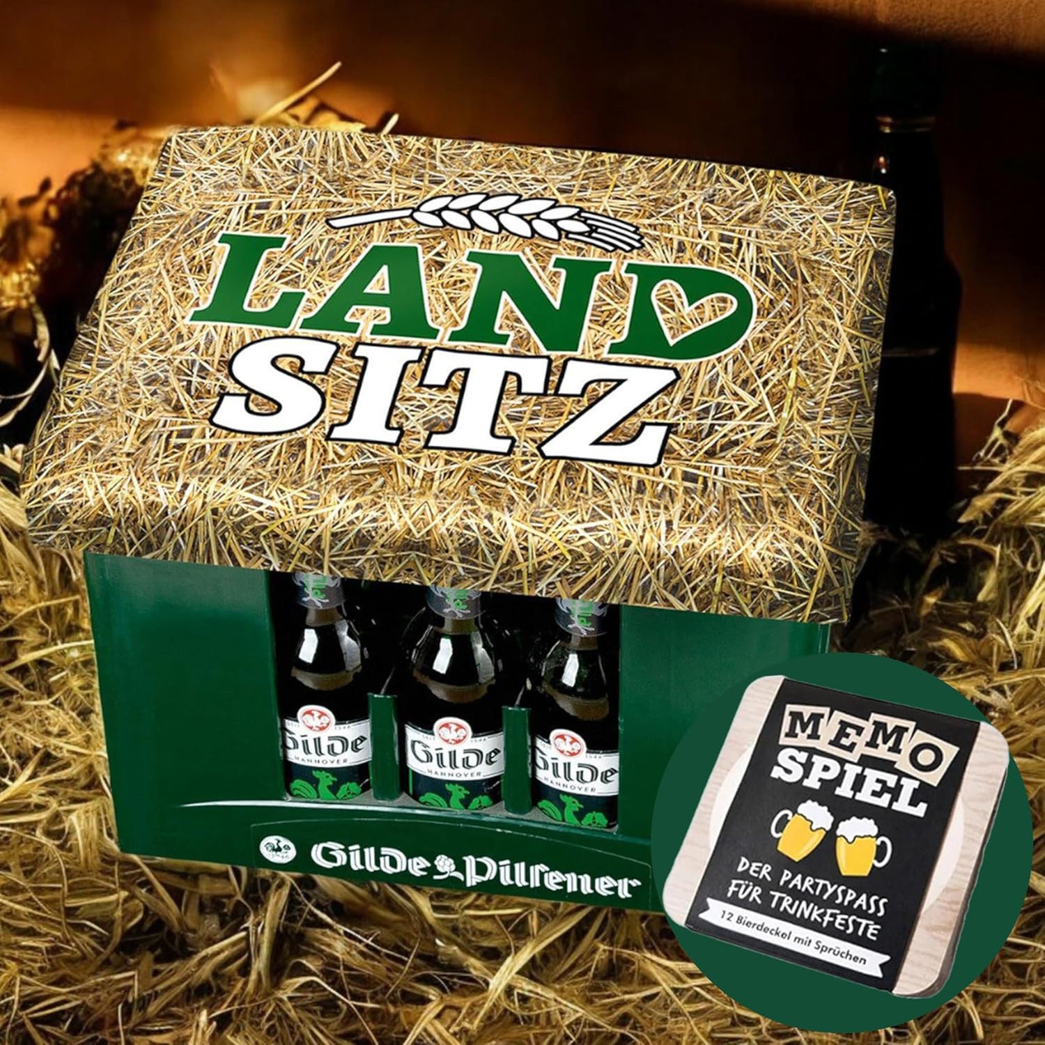 Cult at Home Hocker LANDSITZ - Sitzauflage + Bierdeckel Memospiel - für Bierkiste (1xSitzauflage für Bierkiste, Auflage - Bierkasten), Bierkiste Bierkasten Sitzkissen Kissen mit Bier Männergeschenk