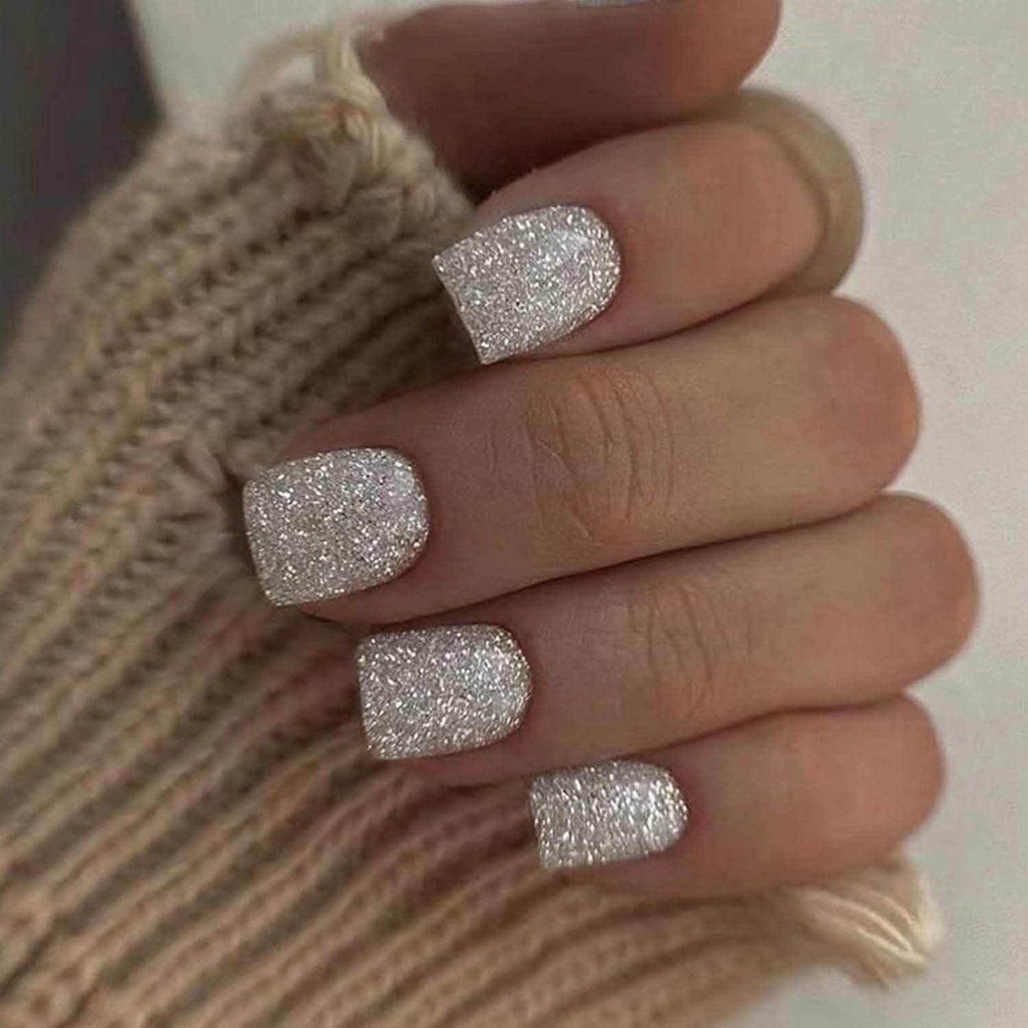 Kunstfingernägel 24 Stück Press on Nails French Silber Glänzend Acryl Fake Nägel