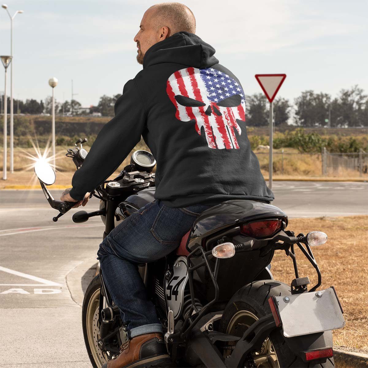 US Motiv Zip Punisher Kapuzenjacke, Rebel Hoodie Wheels Biker Khaki / mit Kapuzensweatjacke On Motorrad
