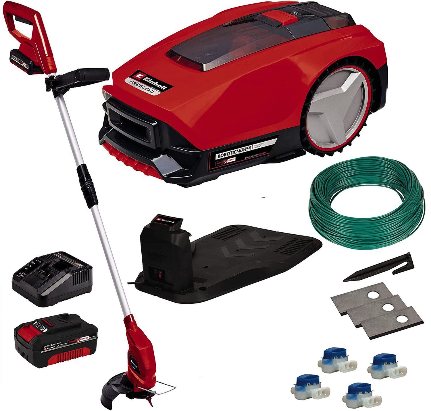 Einhell Rasenmähroboter FREELEXO 1000BT SET, bis 1000 m² Rasenfläche, (Rasentrimmer GT-CT 18/24Li), Appsteuerung, inklusive Ladestation