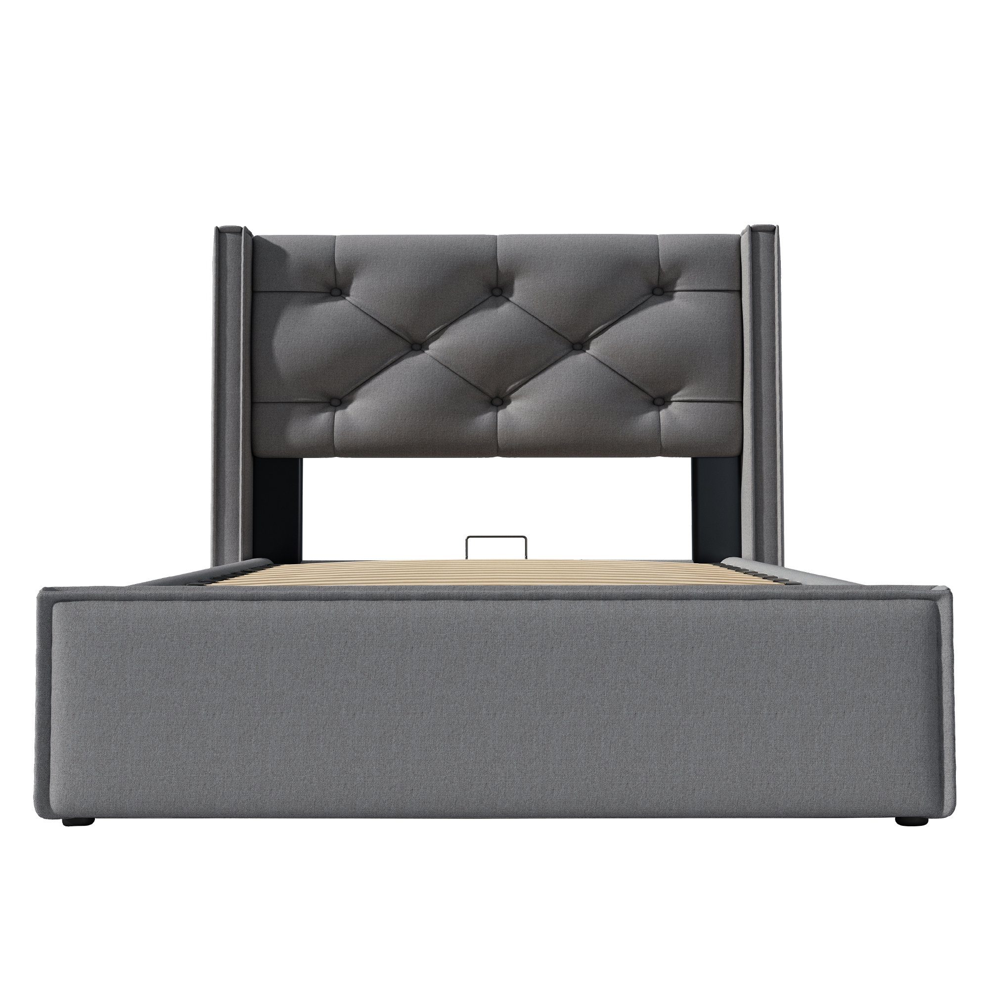 Boxspringbett (Polsterbett Einzelbett 90x200 cm mit edler Knopfheftung und Matratze), Hydraulisches Funktionsbett mit Bettkasten und Lattenrost, Baumwolle