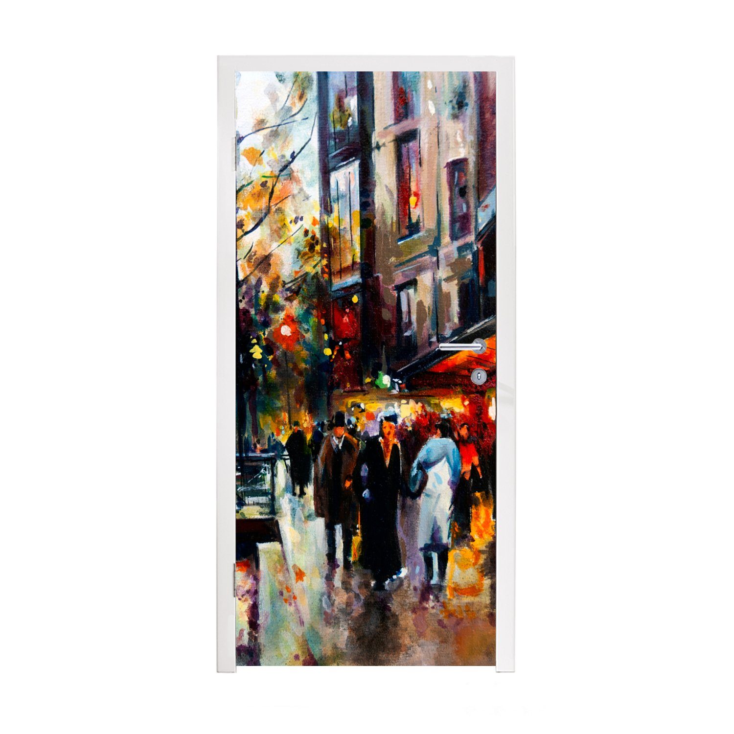 MuchoWow Türtapete Gemälde - Stadt - Öl, Matt, bedruckt, (1 St), Fototapete für Tür, Türaufkleber, 75x205 cm