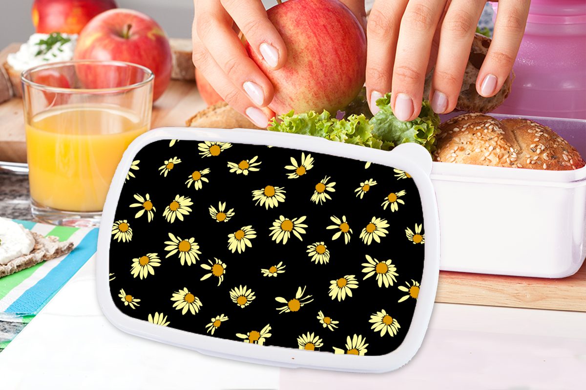 MuchoWow Lunchbox Brotbox Gänseblümchen Muster, - für (2-tlg), für Schwarz Kunststoff, Brotdose, - und Kinder Erwachsene, Jungs weiß Mädchen und