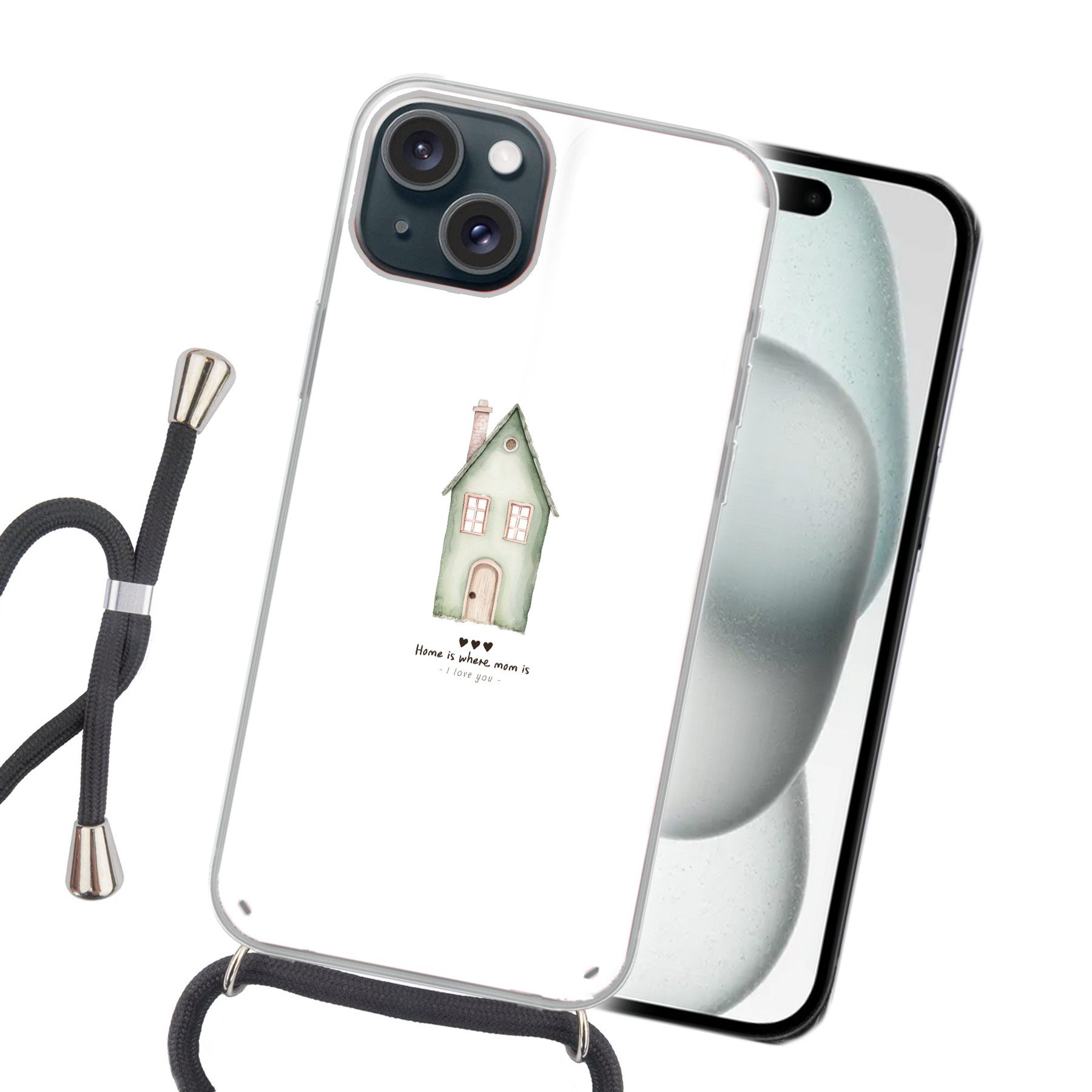 MuchoWow Handyhülle für Apple iPhone 15 Landhaus - Grün - Text - Liebevoll, Tragbare Handyhüllen mit Kette zum umhängen, Handykette Handyband