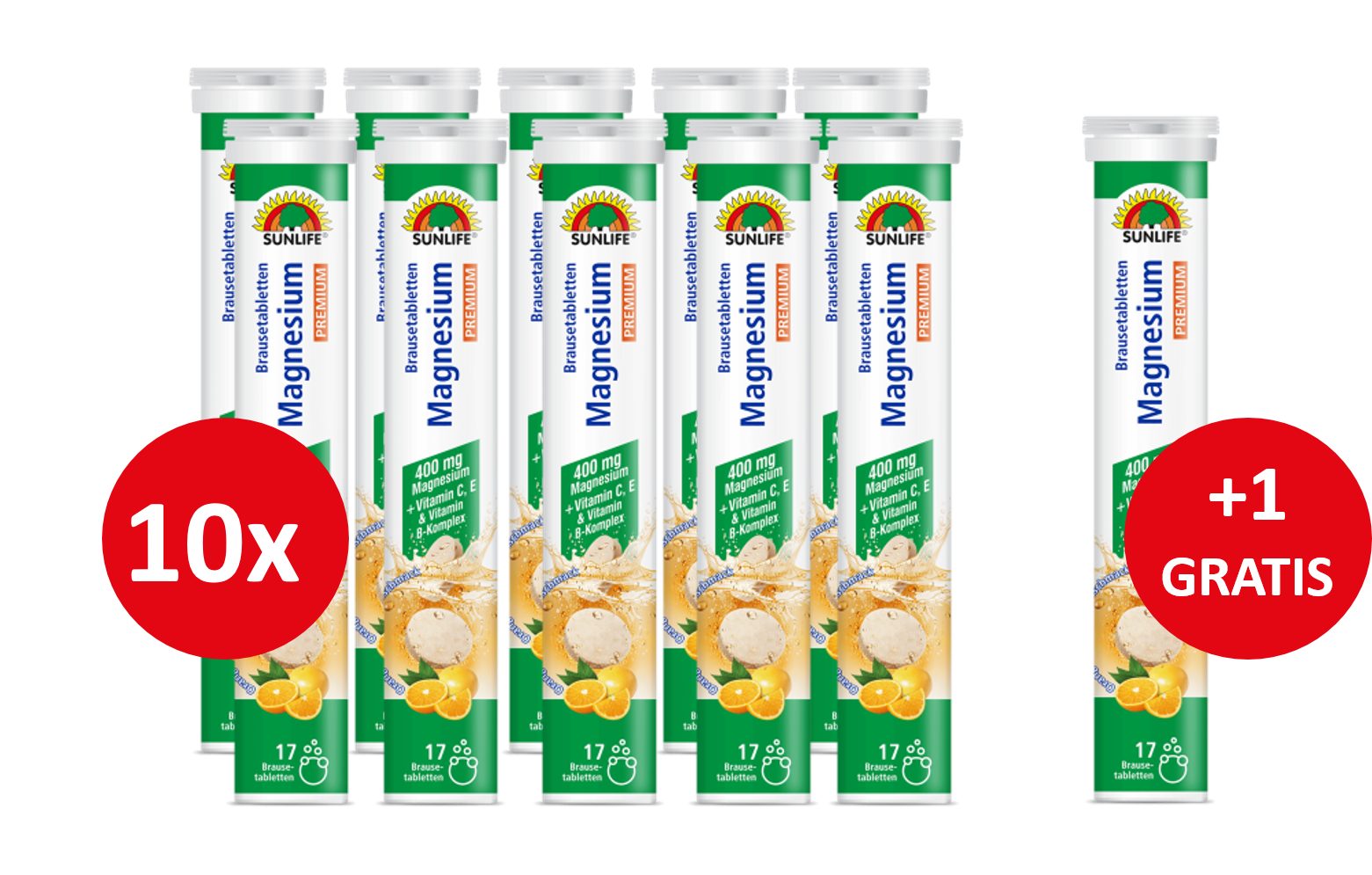 SUNLIFE SUNLIFE® Magnesium Brausetabletten Orange-Grapefruit 10+1 1 x täglich eine Brausetablette in einem Glas Wasser (250 ml) auflösen und trinken