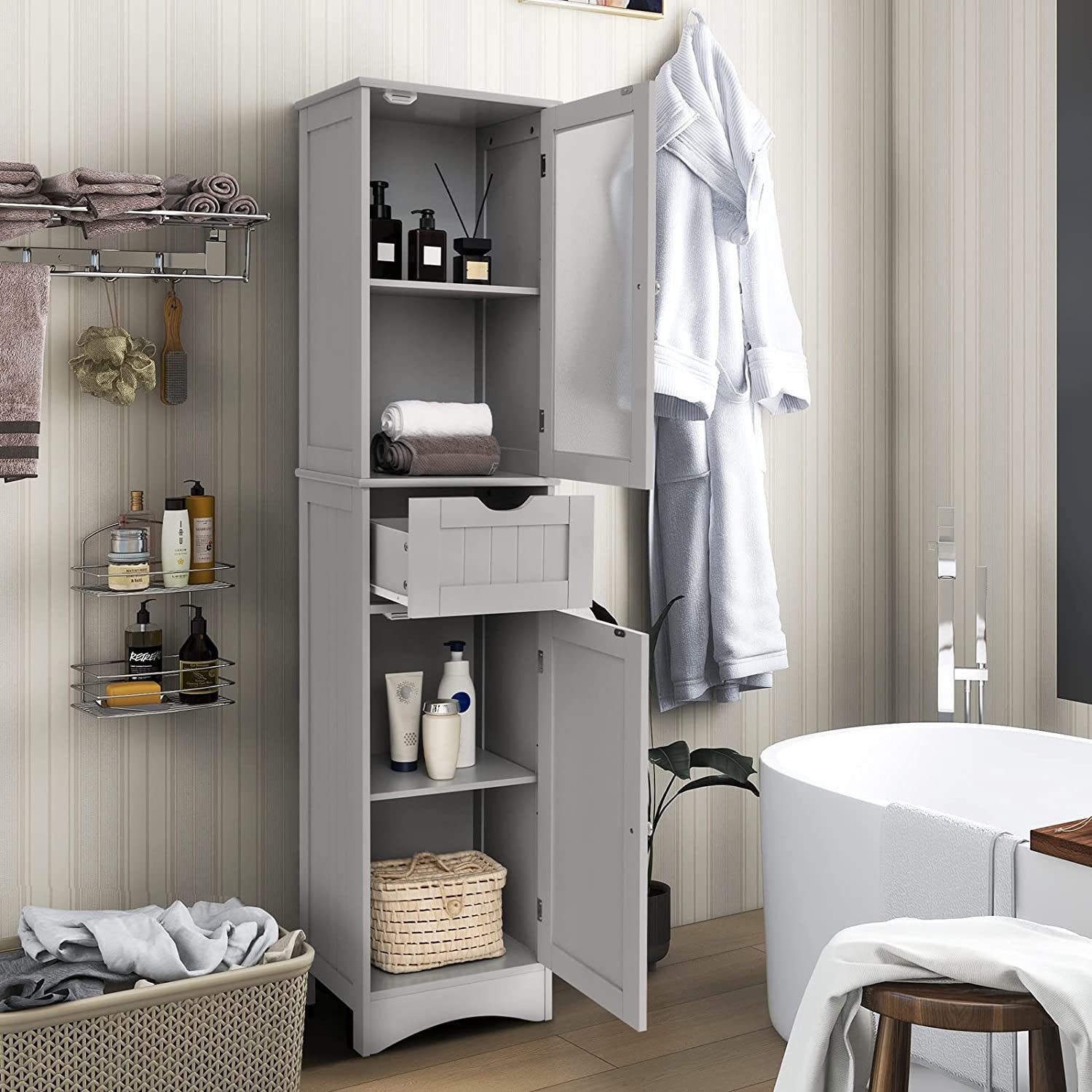 COSTWAY Hochschrank Badezimmerschrank schmal Holz 170cm mit Schublade, 4 Fächern – Bild 2 von 5