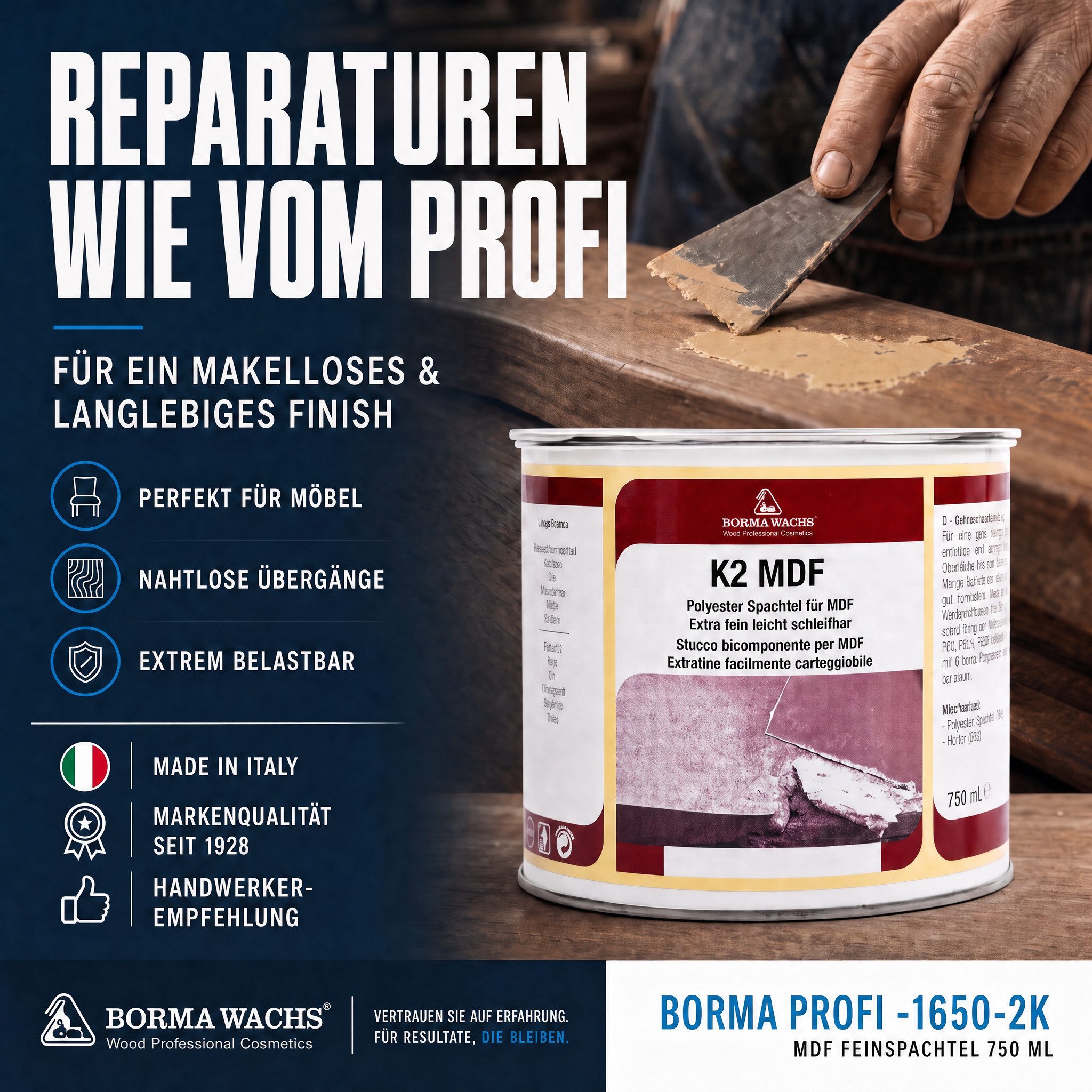 BORMA Spachtelmasse 2K Holzkitt 750 ml – Feiner Kitt für Holzreparatur, Schnelltrockned, 2K Holzmasse mit Härter