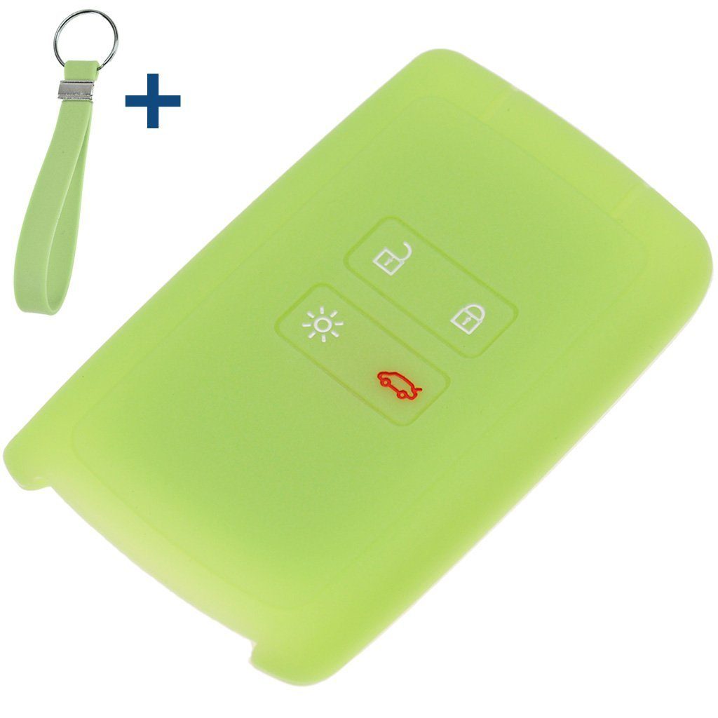 mt-key Schlüsseltasche Autoschlüssel Silikon Schutzhülle mit passendem Schlüsselband, für Renault Megane Kadjar Clio Captur 4 Tasten KEYLESS SMARTKEY Fluoreszierend Grün