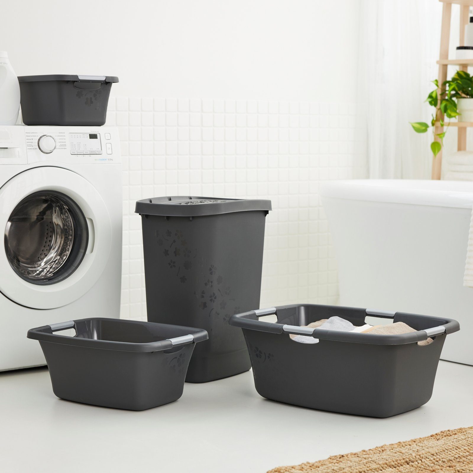 ROTHO Wäschekorb Flowers Wäschewanne 50l mit 4 Griffen, Kunststoff (PP), Belüftungslöcher in Blumenform ermöglichen Luftzirkulation