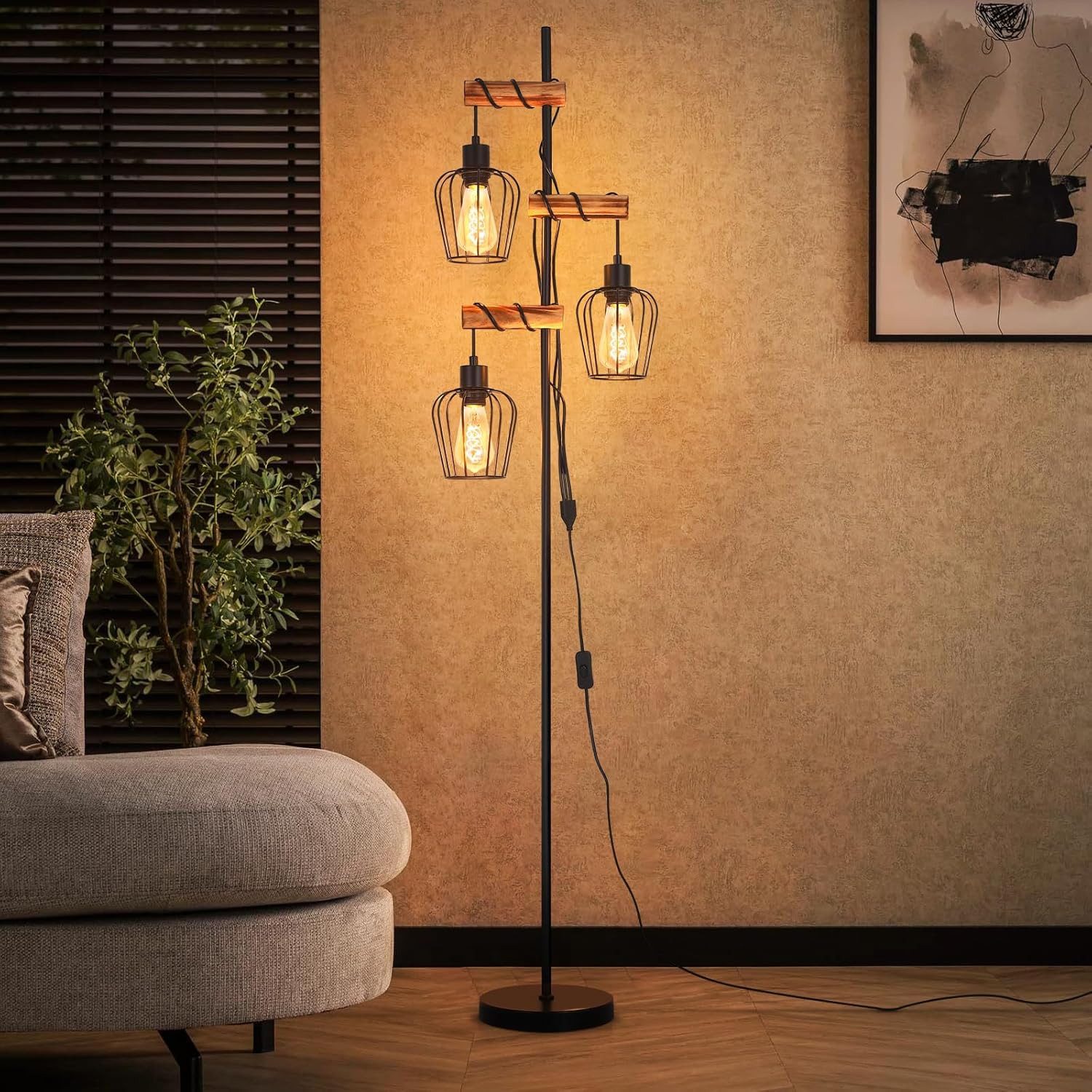 Nettlife Stehlampe Wohnzimmer Holz E27 Stehleuchte Vintage Schwarz Metall 152cm, mit Kippschalter, LED wechselbar, für Wohnzimmer, Schlafzimmer, Arbeitszimmer, Esszimmer