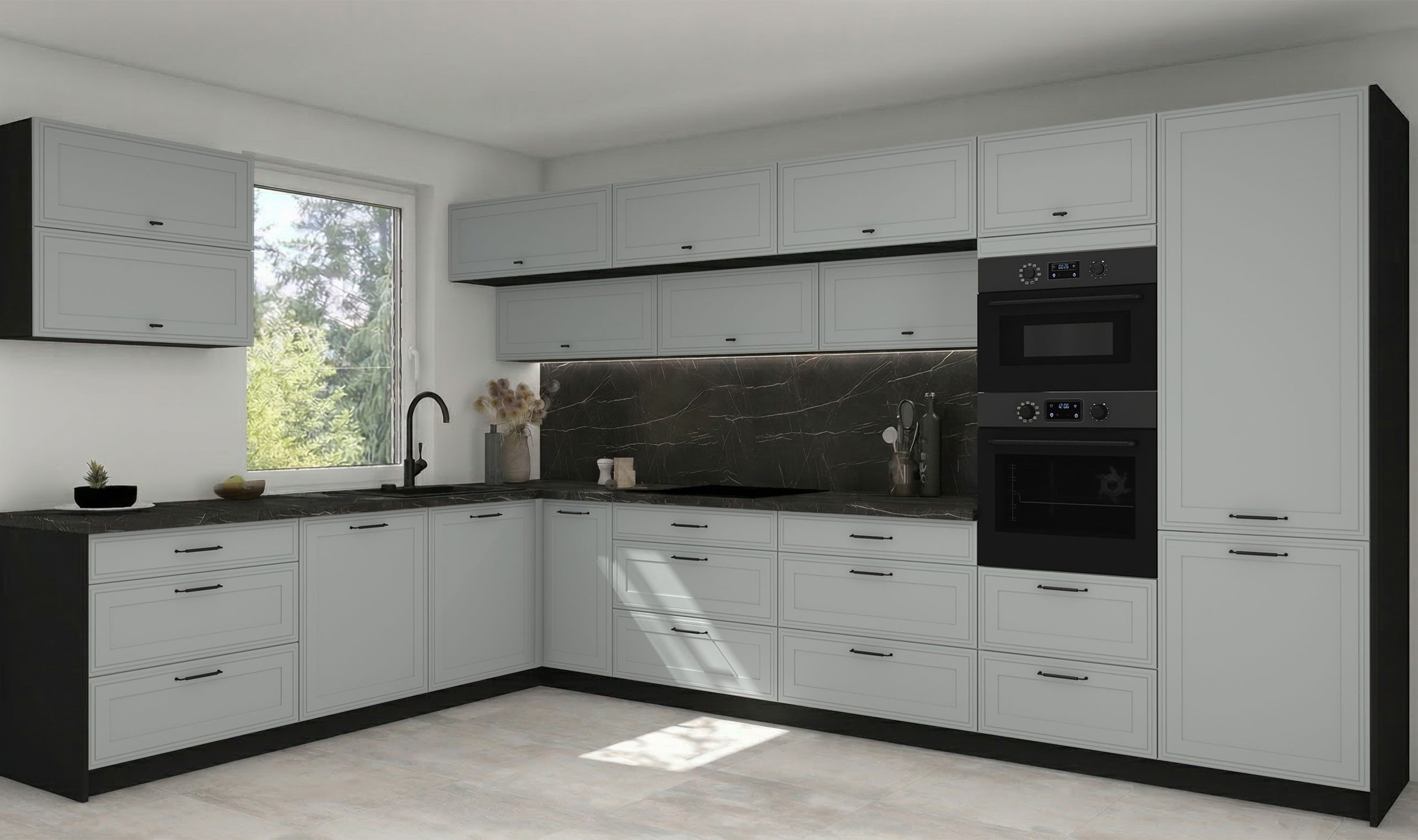 Feldmann-Wohnen Winkelküche Salo, (Blum Metabox Teilauszugschubladen, Gasdruckdämpfer, 18-teilig), 387x267cm schwarz / dust grey matt