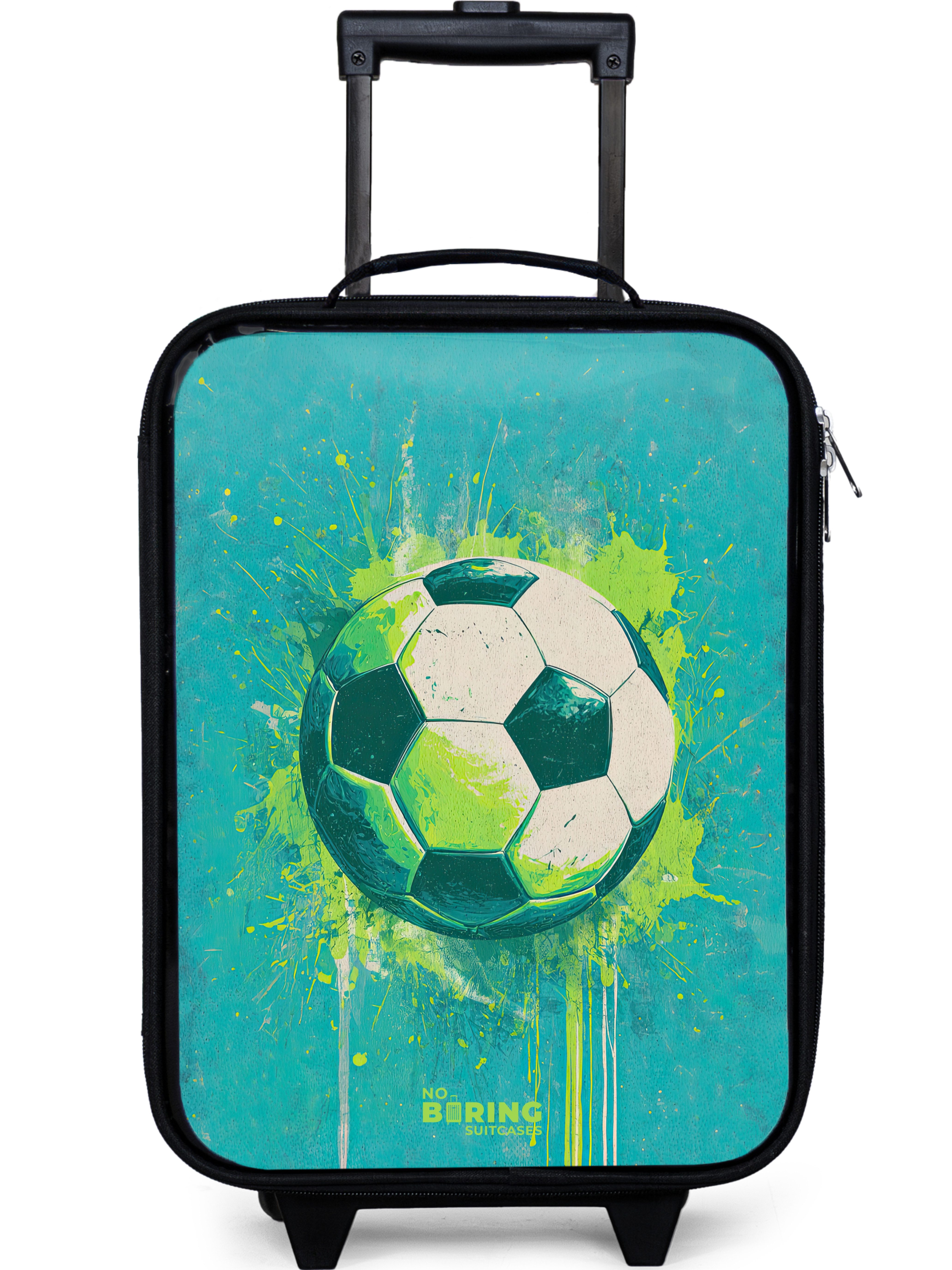 NoBoringSuitcases.com© Kinderkoffer mit leuchtende Räder - Fußball - Farbspritzer - Grün - Blau, 2 Rollen, Kinder Koffer Klein, Trolley Handgepäck, Reisekoffer