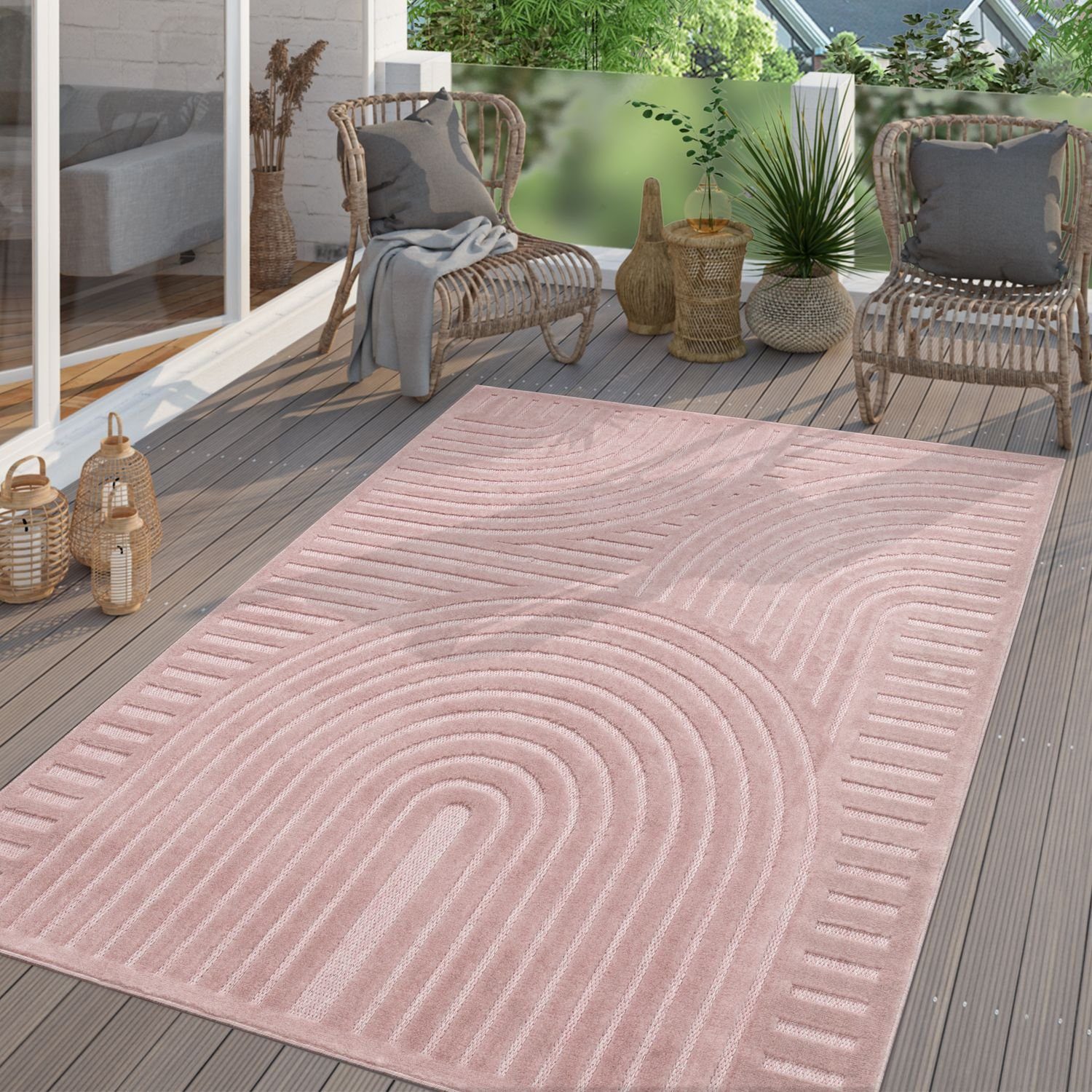 Outdoorteppich In-& Outdoorteppich Wetterfest Balkon Teppich Küche, TT Home, eckig, Höhe: 14 mm Dunkelrosa Pink