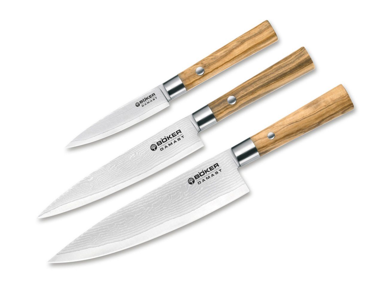 Böker Kochmesser Böker Damast Olive Messertrio mit Geschirrtuch, Böker Damast Olive Messertrio mit Geschirrtuch