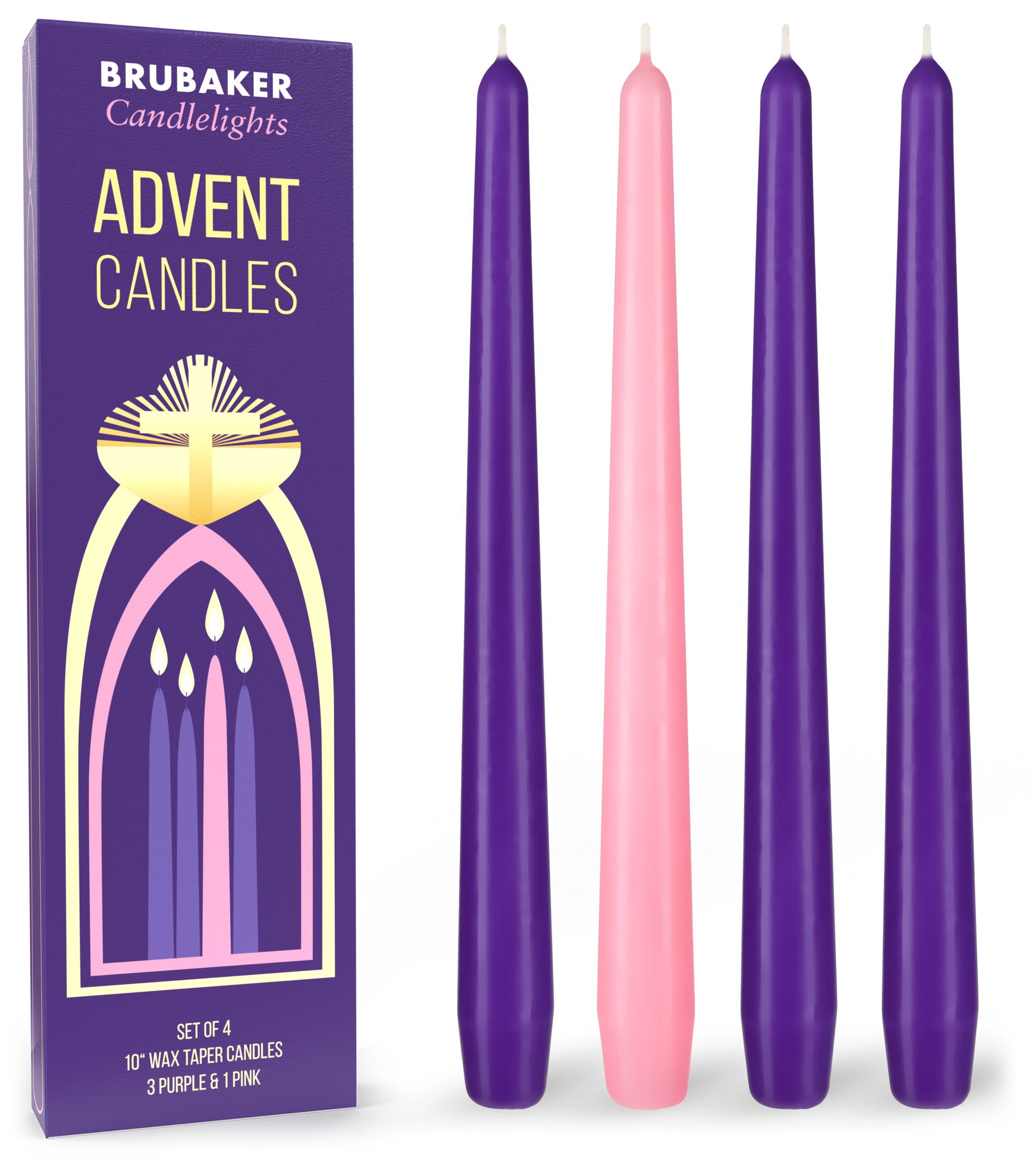BRUBAKER Adventskerze Traditionelle Weihnachtskerzen 3 x Lila 1 x Rosa (4er Pack Premiumkerzen, geruchsneutral), rauchfreie Spitzkerzen für Adventskränze