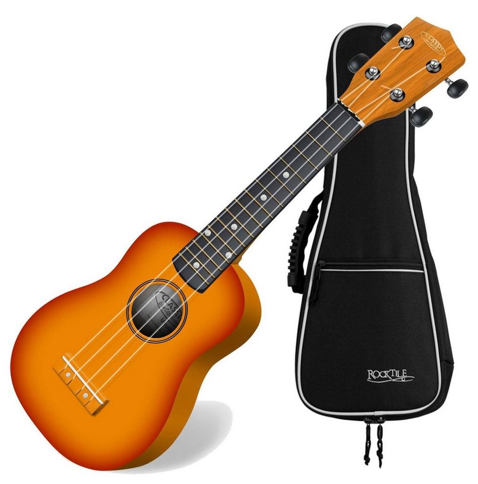 Classic Cantabile Ukulele Sopranukulele (Ukulele, Uke, 15 Bünde, leichtgängige Gitarrenmechanik), Spar-Set inklusive Gigbag