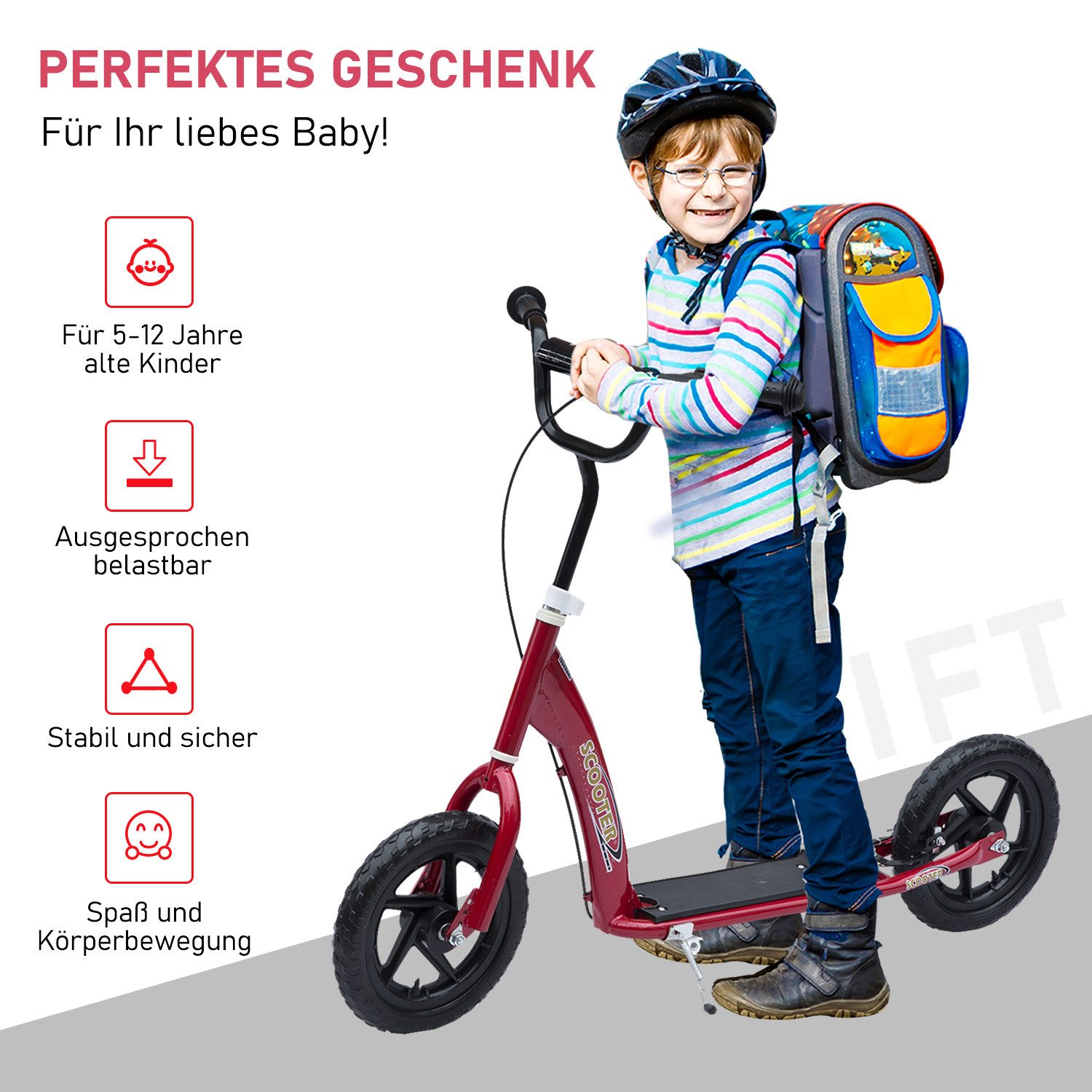 HOMCOM Kinderroller City Roller Scooter 12 Zoll mit Hinterbremse höhenverstellbar aus Stahl EVA in Rot 120 x 52 x 80-88 cm für Kinder Aosom.de – Bild 4 von 5