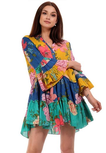 YC Fashion & Style Tunikakleid »Hippie Patchwork Tunika-Kleid Boho Chic« (1-tlg) mit Volant, mit Blumendruck, mit Volants, Patchwork