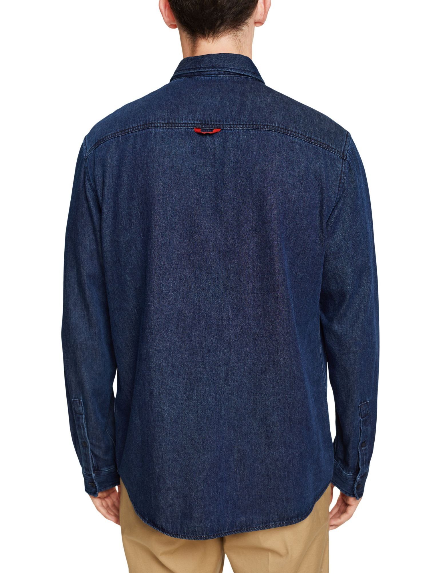 WASHED Tasche DARK aufgesetzter edc Esprit Jeanshemd Langarmhemd by mit BLUE