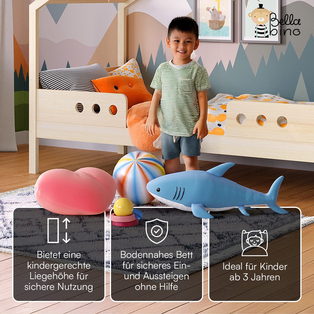Bellabino Hausbett Bela 90x200 cm aus Massivholz Kiefer (natur, optional mit Matratze), Kinderbett mit verstellbarem Rausfallschutz