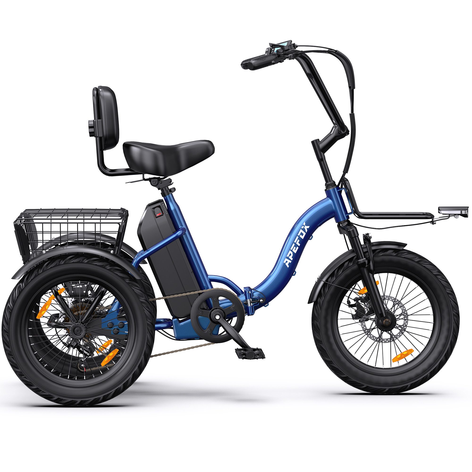 Vankel E-Bike Cityrad Elektro-Dreirad Herren u. Damen Erwachsene 3 Rad 80km 720Wh faltbar, Kettenschaltung, Heckmotor, 720 Wh, Pedelec mit Korb & Rückenlehne, 7 Gang, 48V 15Ah Akku, blau