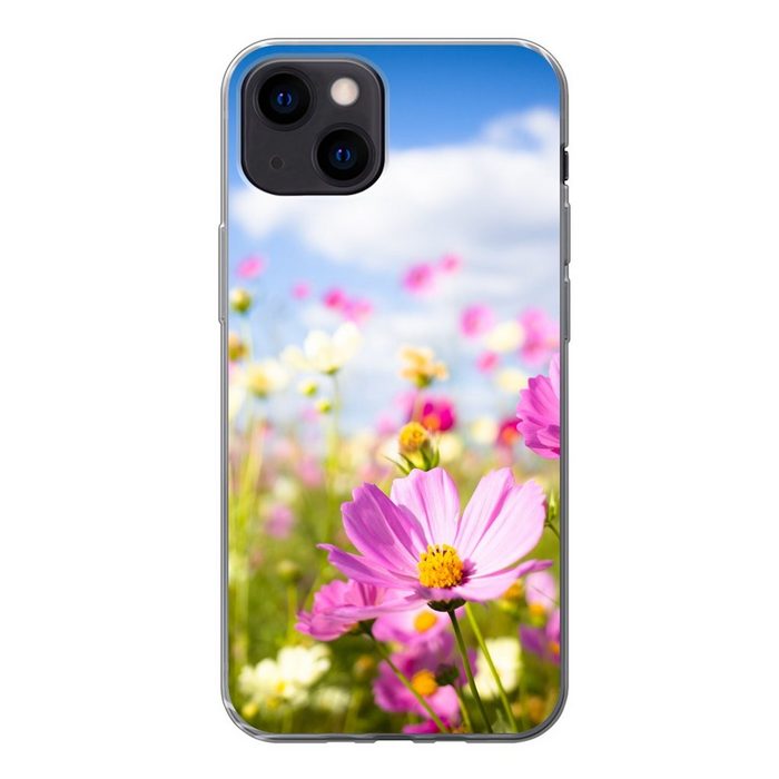 MuchoWow Handyhülle Blumen - Wiese - Lila - Gras - Weiß - Wolken - Blau Handyhülle Apple iPhone 13 Mini Smartphone-Bumper Print Handy