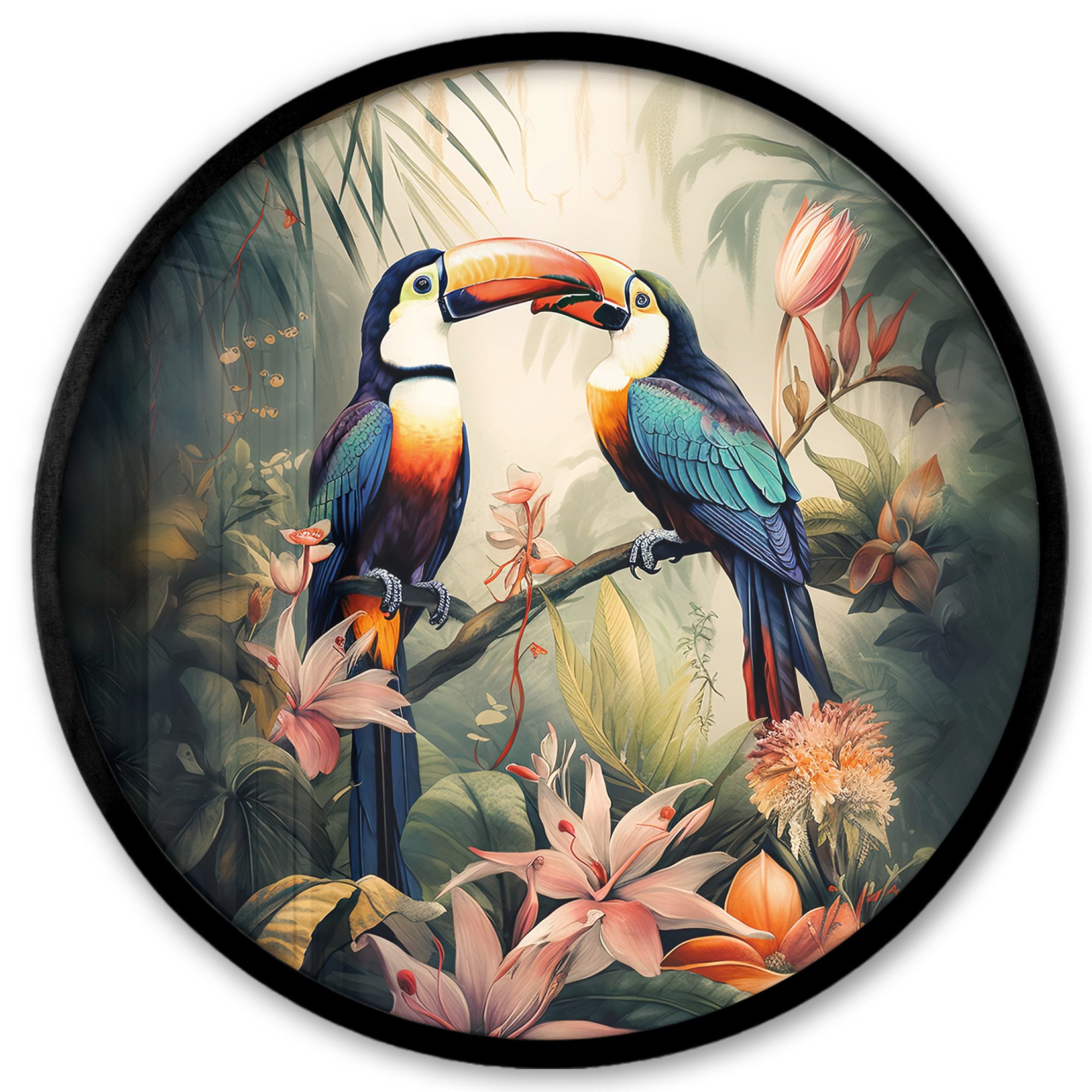 MuchoWow Poster Rund - Tukan - Vögel - Blumen - Natur - Dschungel, (1 St), Runde Wandbilder, Deko für Wohnzimmer und Schlafzimmer, 40x40 cm