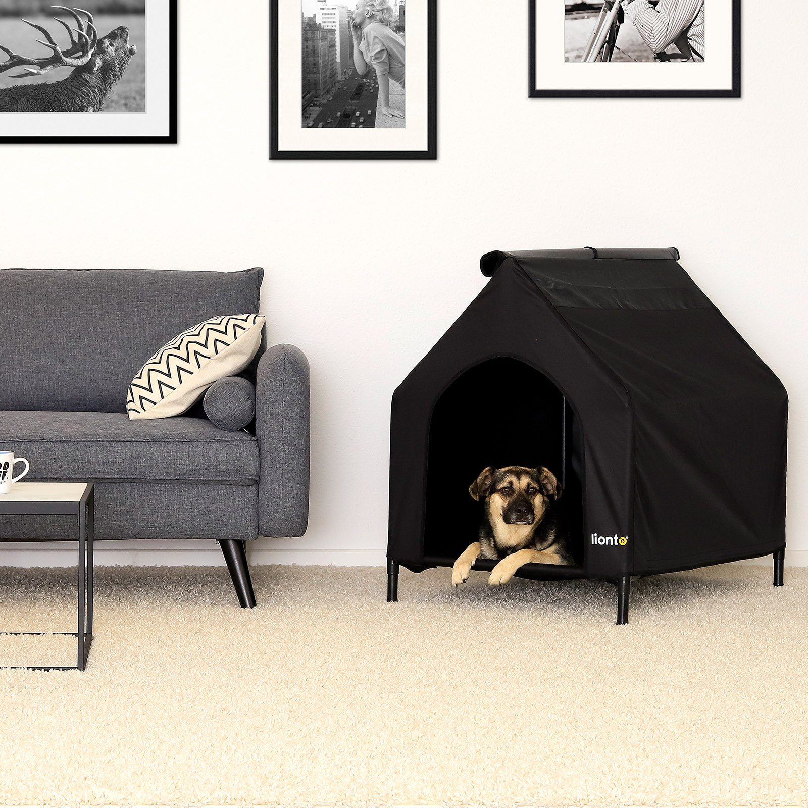 lionto Hundehütte für drinnen & draußen, Hundeliege mit Dach, 90x65x85 cm, schwarz, wetterfester Hundeliegeplatz atmungsaktiv & pflegeleicht