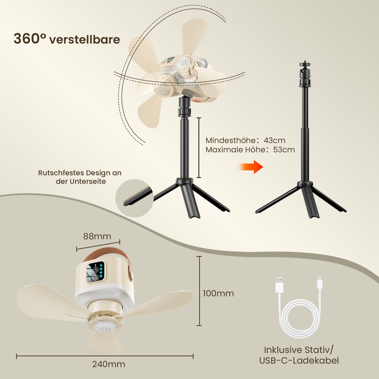 Lapalife Deckenventilator Akku Ventilator Mit LED Licht, Tragbar Hängelampe Mit Fernbedienung, 4 Windstufen & 3 Helligkeitsstufen, für Zelt Garten Wohnmobil