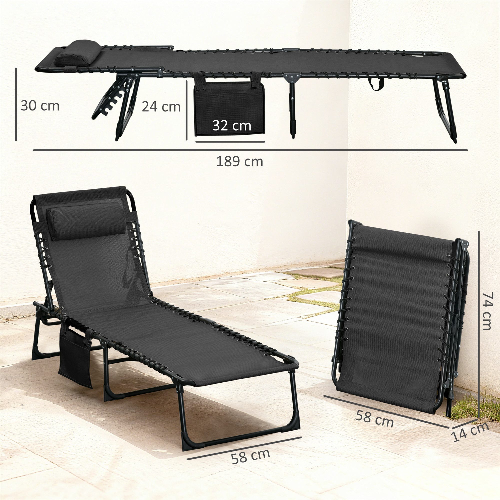 Outsunny Gartenliege mit Kopfkissen, Seitentasche, 5-Fach verstellbare Rückenlehne, Sonnenliege klappbar, 1 St., wetterfeste Liegestuhl, bis 120 kg belastbar, für Garten Strand Pool, Schwarz
