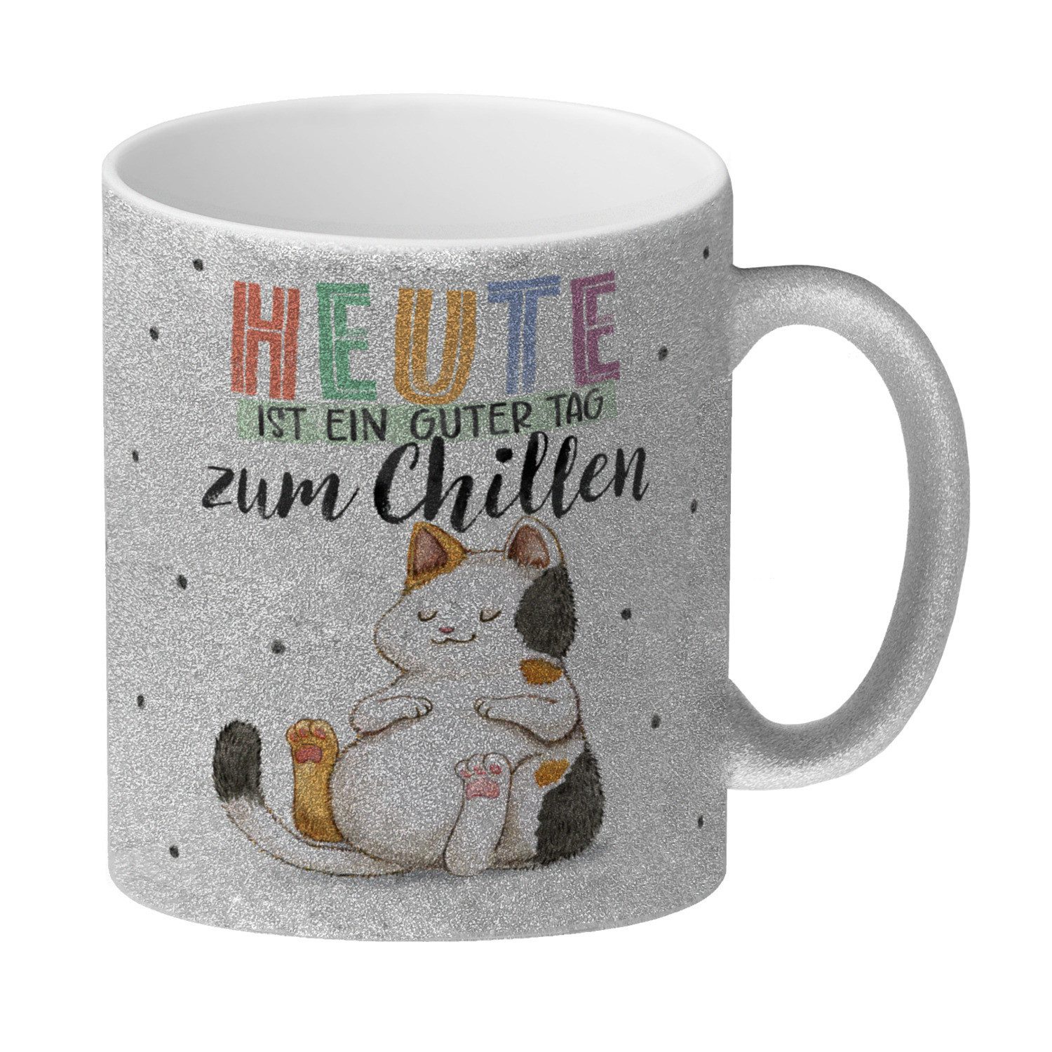 Tasse Glückskatze Glitzer Kaffeebecher mit Spruch Heute ist ein guter Tag