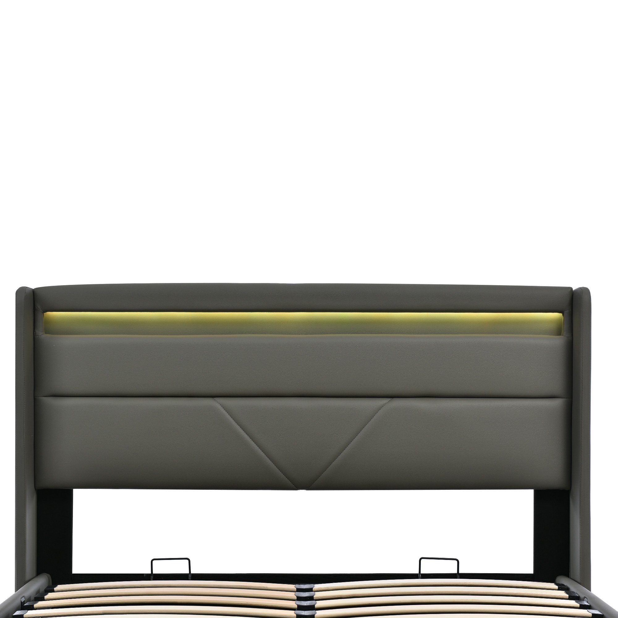 WISHDOR Polsterbett Doppelbett Beleuchtungsleiste (140x200cm, Grau mit Funktionsbett, ohne Bett Matratze Fernbedienung, LED Hydraulisch Bettgestell), Mit Stauraumbett