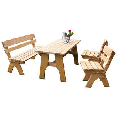 TPFGarden Garten-Essgruppe Drieburg, (4-tlg., 1x Bank 3-Sitzer & 1x Tisch 70x150cm & 2x Stühle Kiefernholz massiv), 4-Teilige Outdoor Garten Garnitur - Hochwertige Verarbeitung