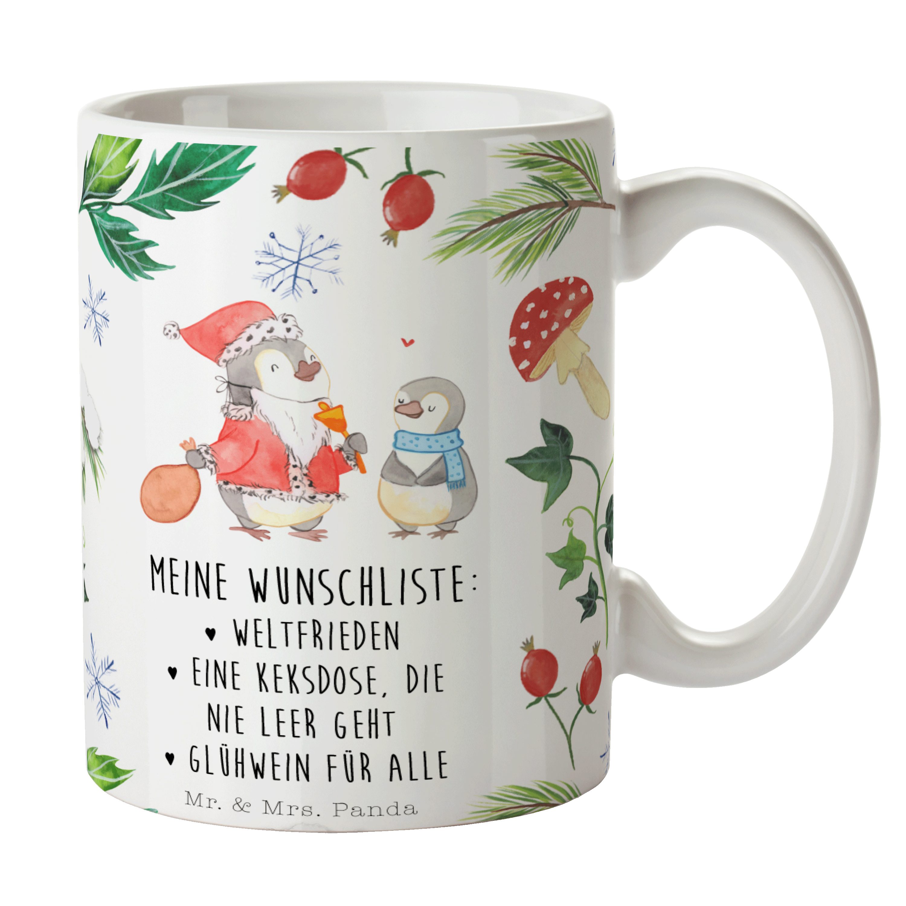 Mr. & Mrs. Panda Tasse Pinguin Wunschliste - Weiß - Geschenk, Heiligabend, Kaffeetasse, Niko, Keramik