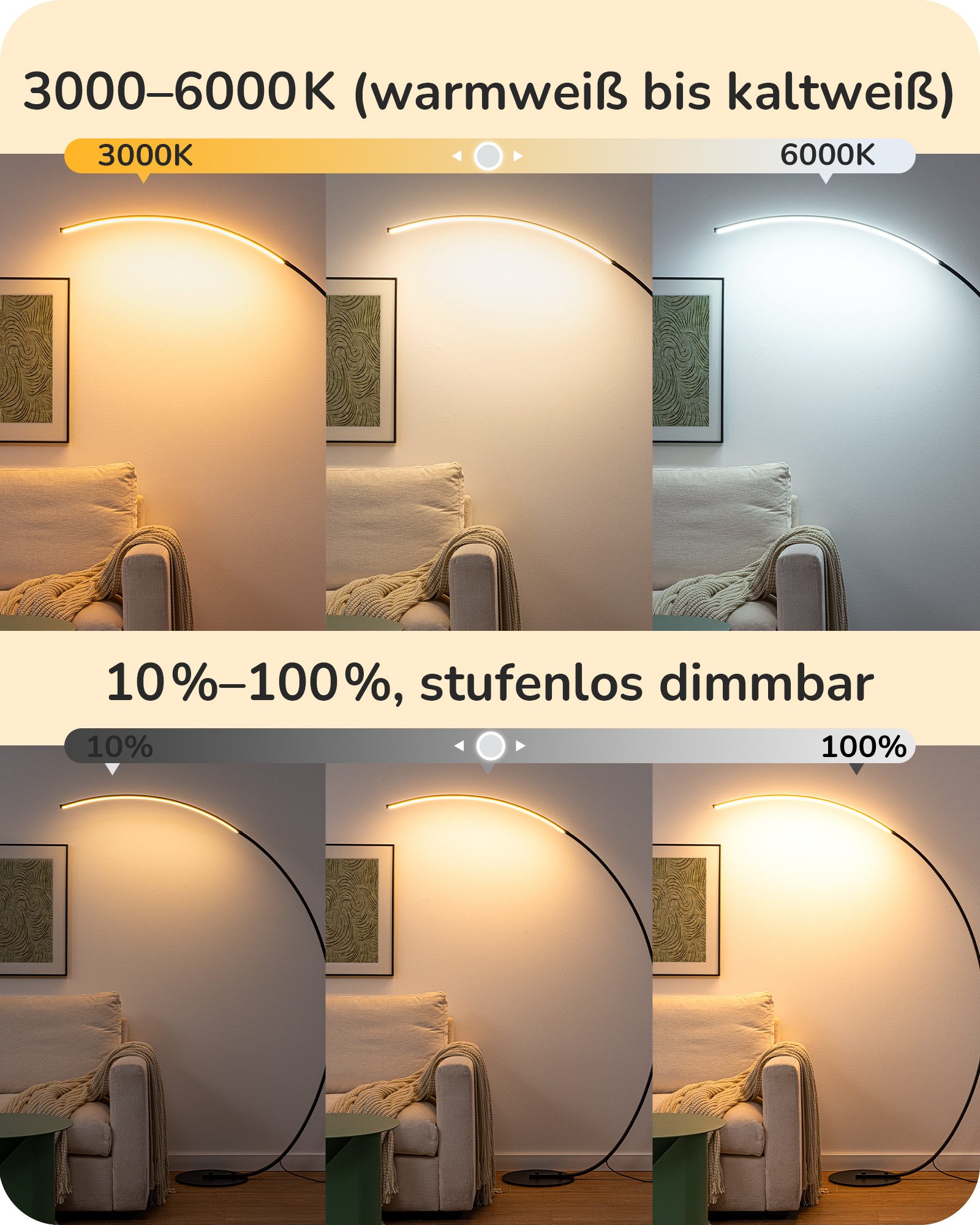 EDISHINE LED Stehlampe Wohnzimmer dimmbar, Bogenlampe, LED fest integriert, Kaltweiß, Warmweiß, moderne Bogenlampe mit Fernbedienung & Fußschalter, Schwarz, 167 cm