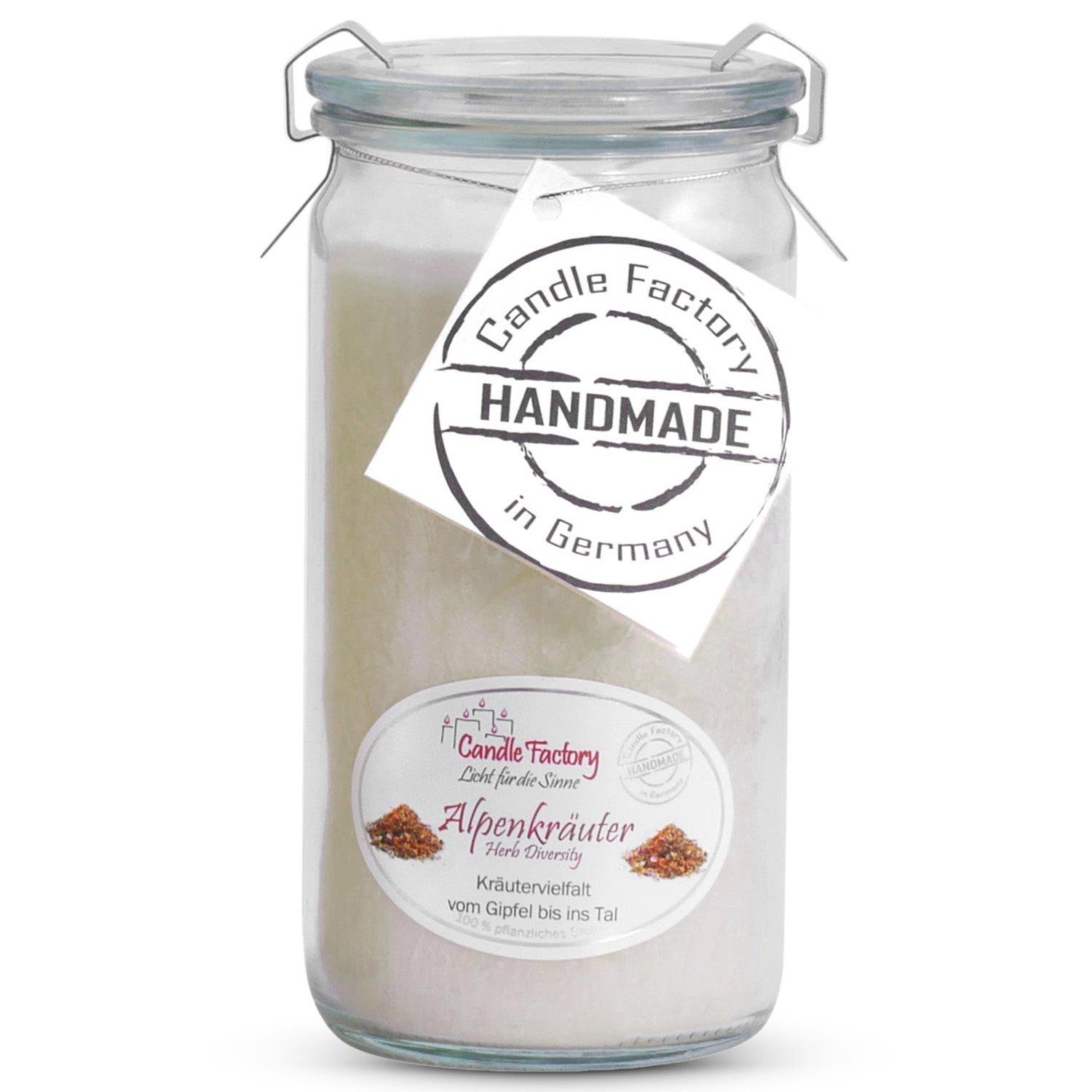 Landshop24 Duftkerze Candle-Factory Duftkerze aus Stearin im Weckglas Mini Jumbo (Duft "Alpenkräuter), brennt bis zu 70h