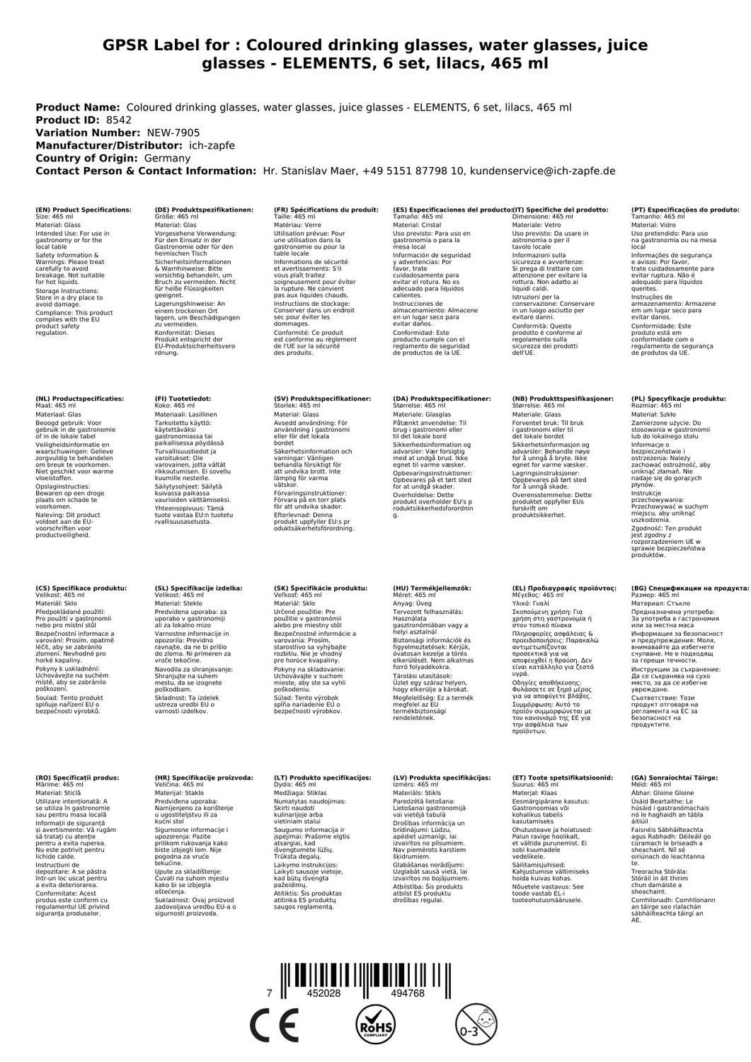 ich-zapfe Glas Farbige Trinkgläser ELEMENTS 6er-Set, Flieder, 465 ml