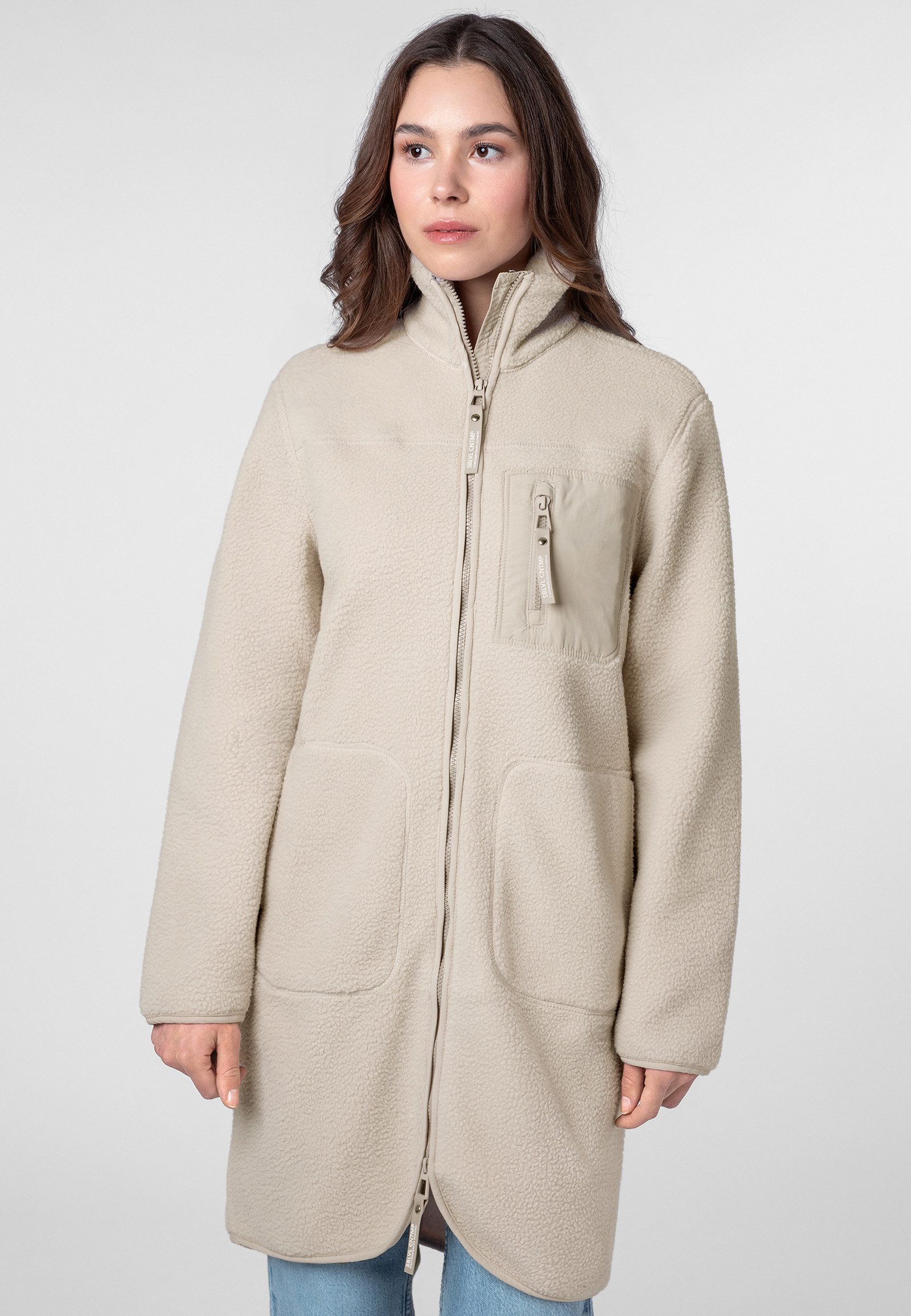 SUBLEVEL Fleecejacke Damen Fleecemantel lang mit Stehkragen, Brusttasche